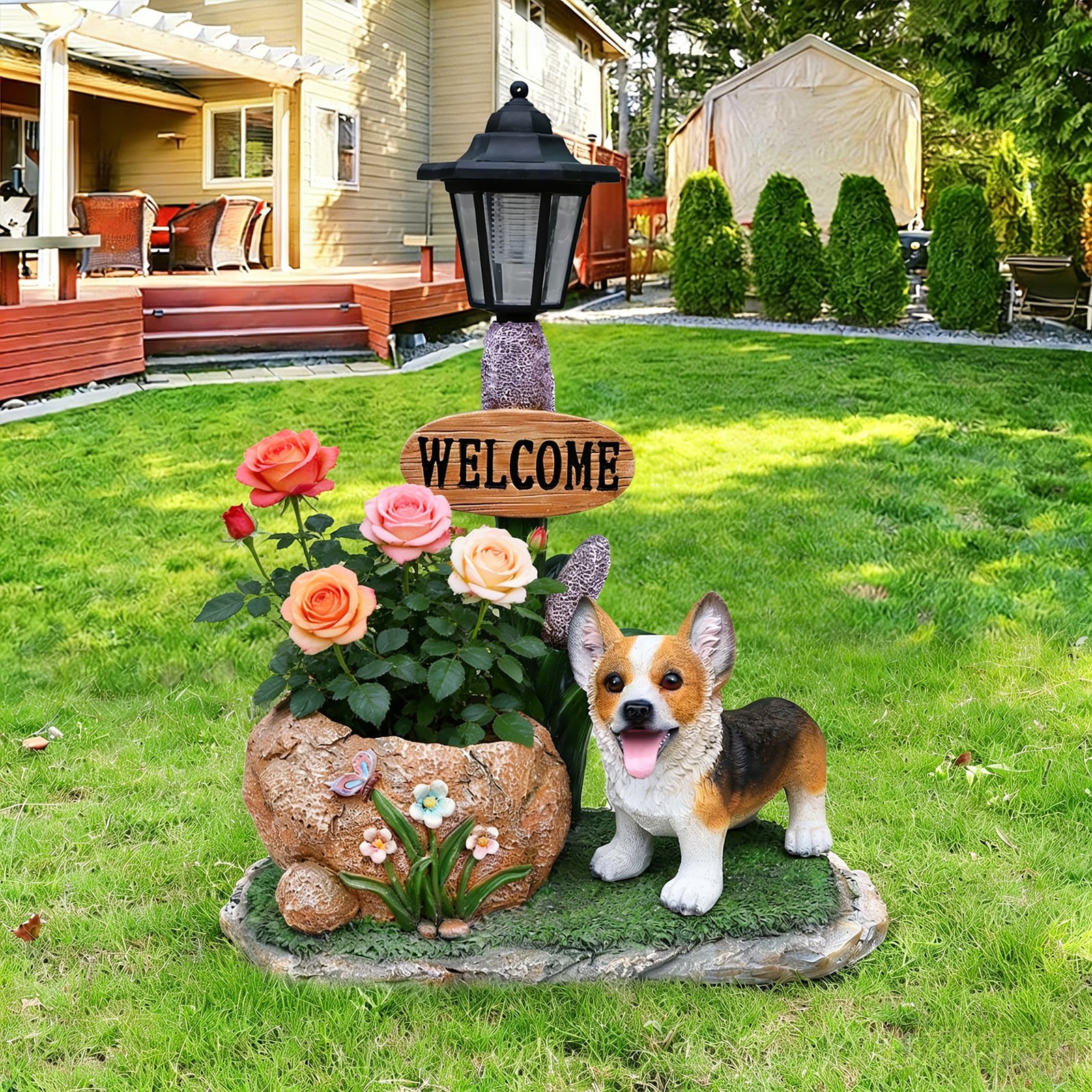 Corgi Dog Planter Outdoor Decor Garden Statue Weather Resistant