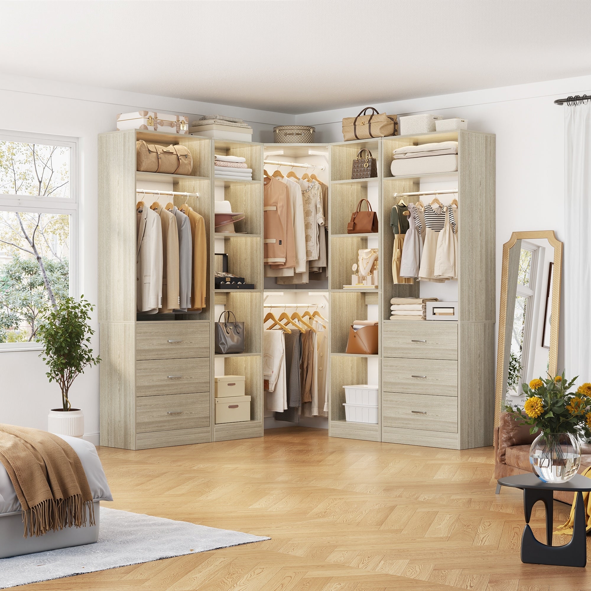 Corner Closet System With 6 Drawers 4 Hanging Rods Set Of 3 Reversible Walk In Closet Organizer System With Adjustable Shelves