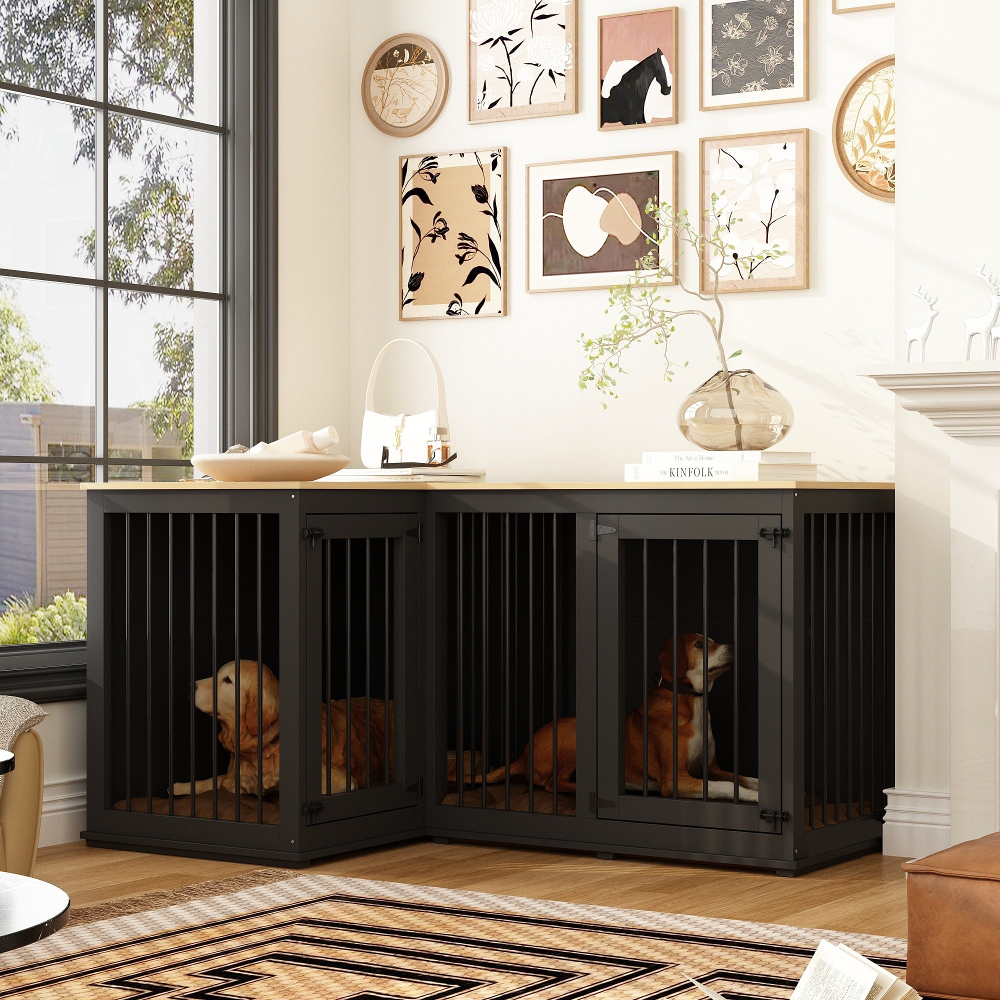 Corner Dog Crate Furniture With Removable Divider Large Wooden Top Pet Crate End Table For Living Room