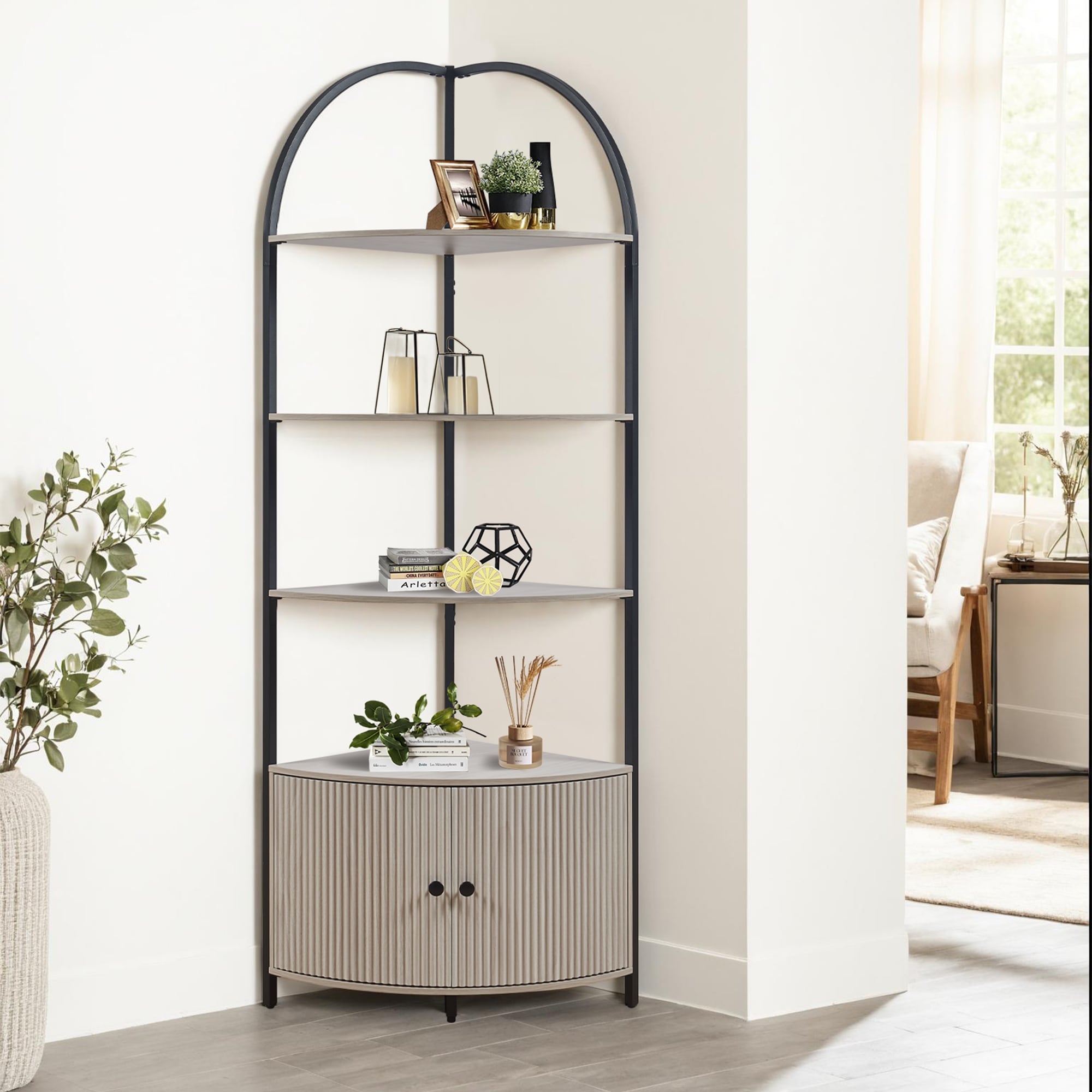 Corner Storage Shelf With Cabinet 4 Tier Space Saving Corner Bookshelf 73.8 H X 20.3 W 73.8 H X 20.3 W