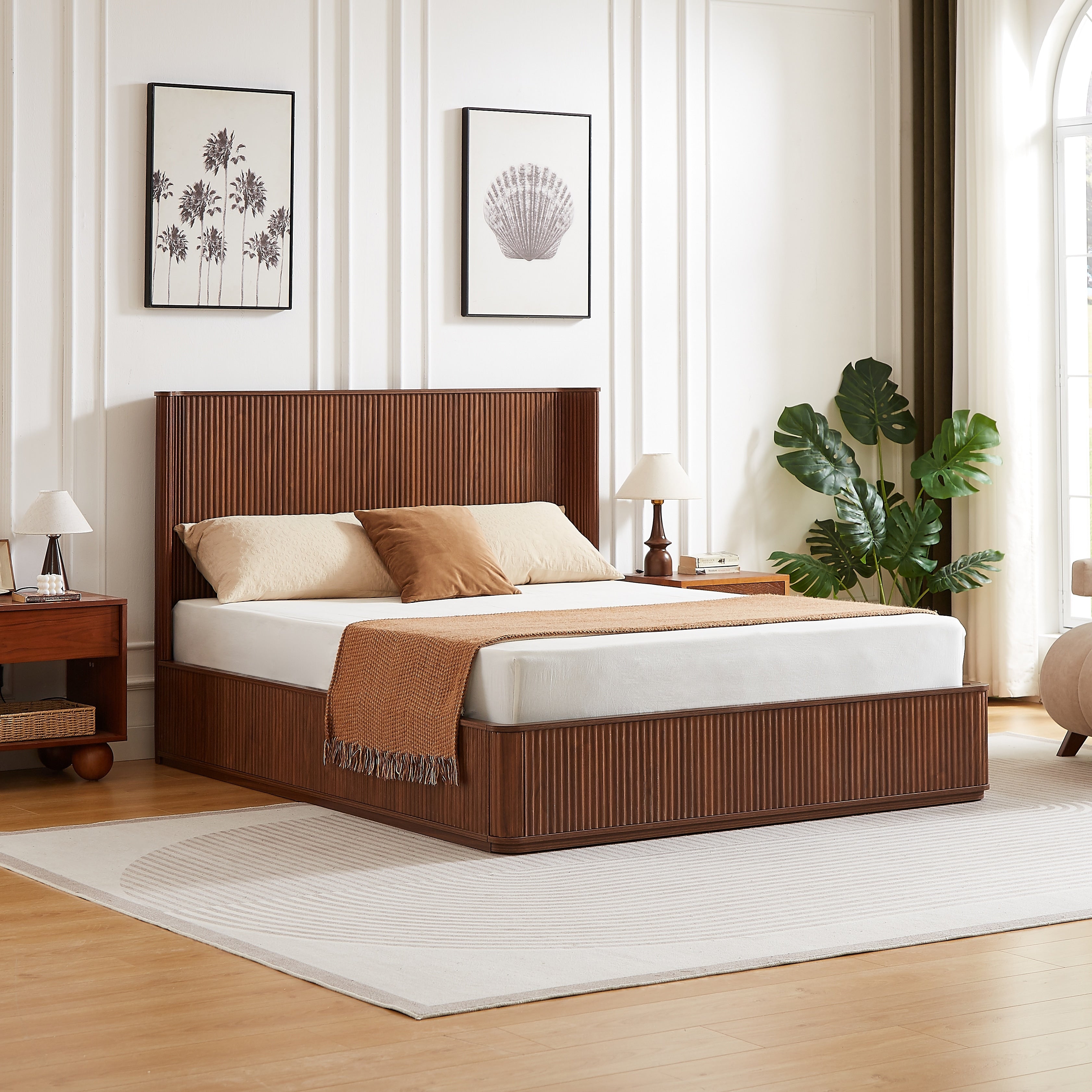 Corrugated Wave Wood Headboard Platform Bed Frame 44 Tall Headboard Queen Size Bed Frame Easy Assembly No Box Spring Required