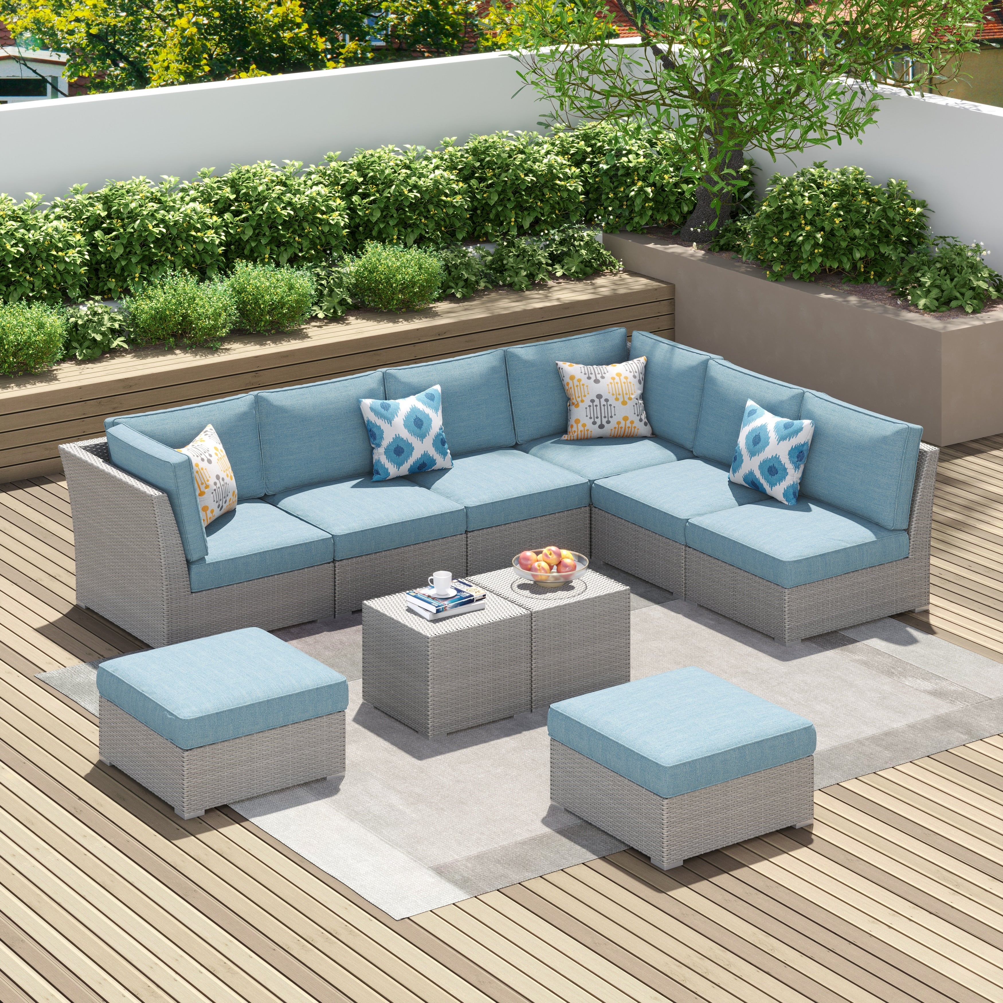 Corvus 10 Piece Grey Wicker Patio Sectional Sofa Set With Blue Cushions