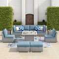 Corvus 11 Piece Grey Wicker Patio Sectional Sofa Fire Pit Set With Blue Cushions