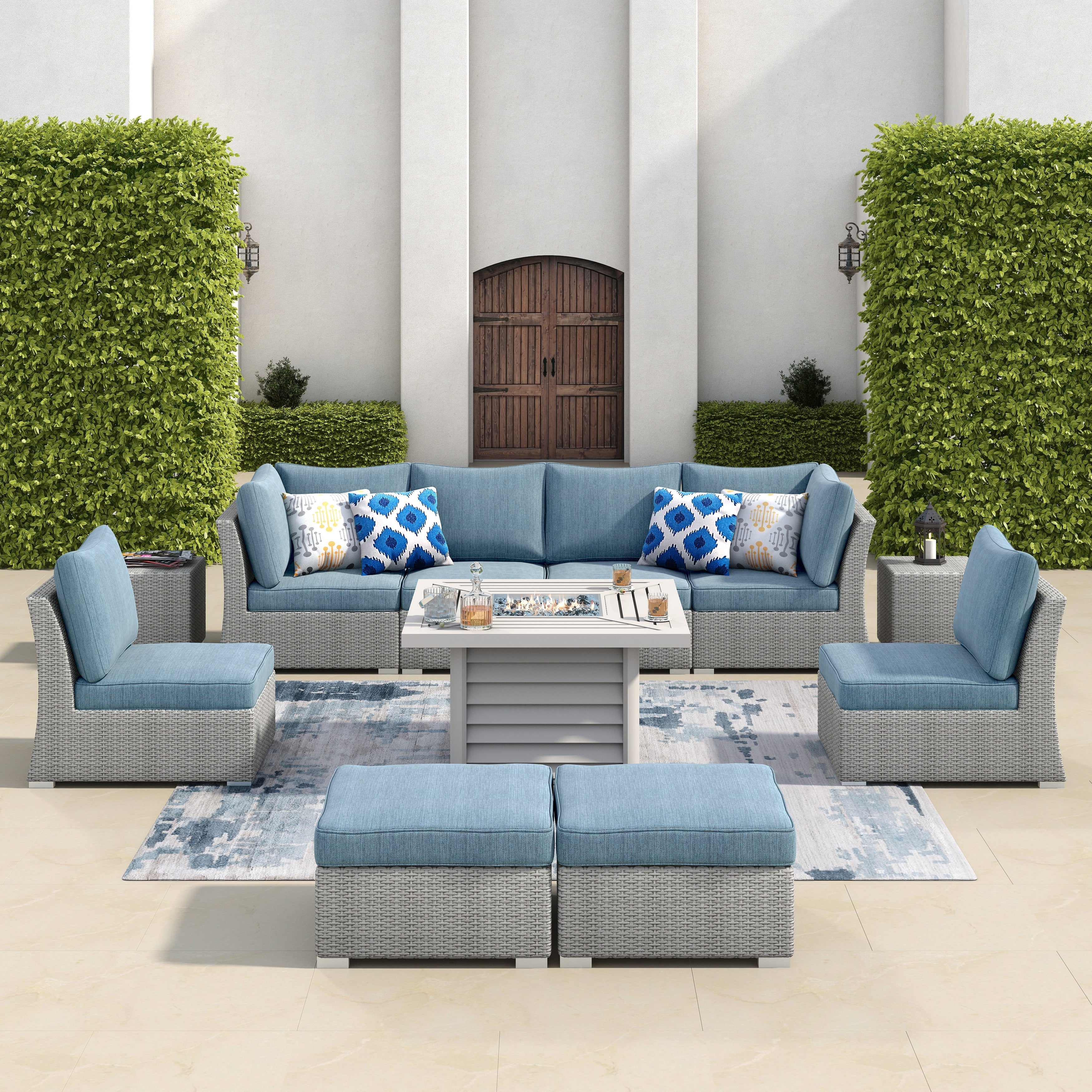 Corvus 11 Piece Grey Wicker Patio Sectional Sofa Fire Pit Set With Blue Cushions
