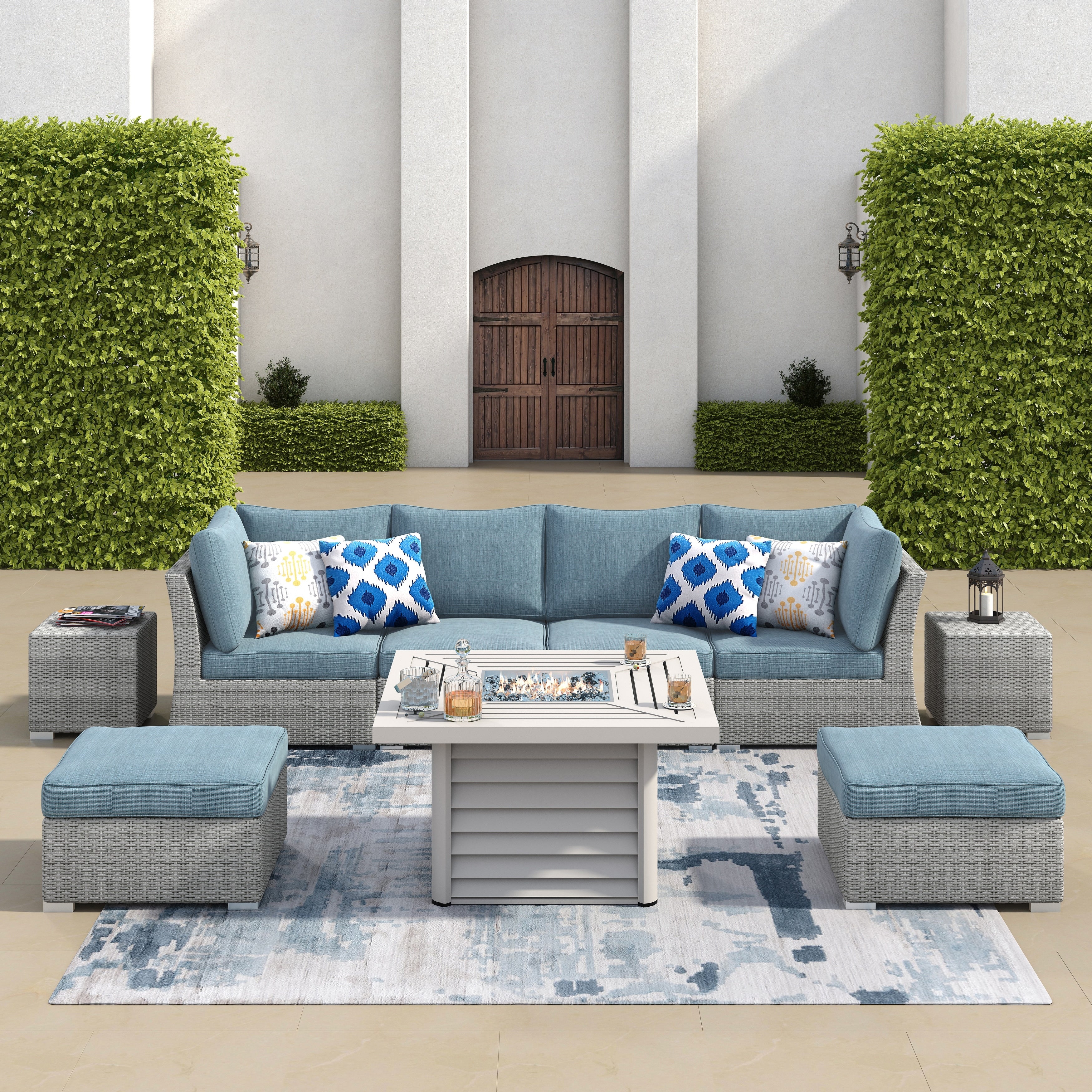 Corvus 9 Piece Grey Wicker Patio Sectional Conversation Set With Square Fire Pit