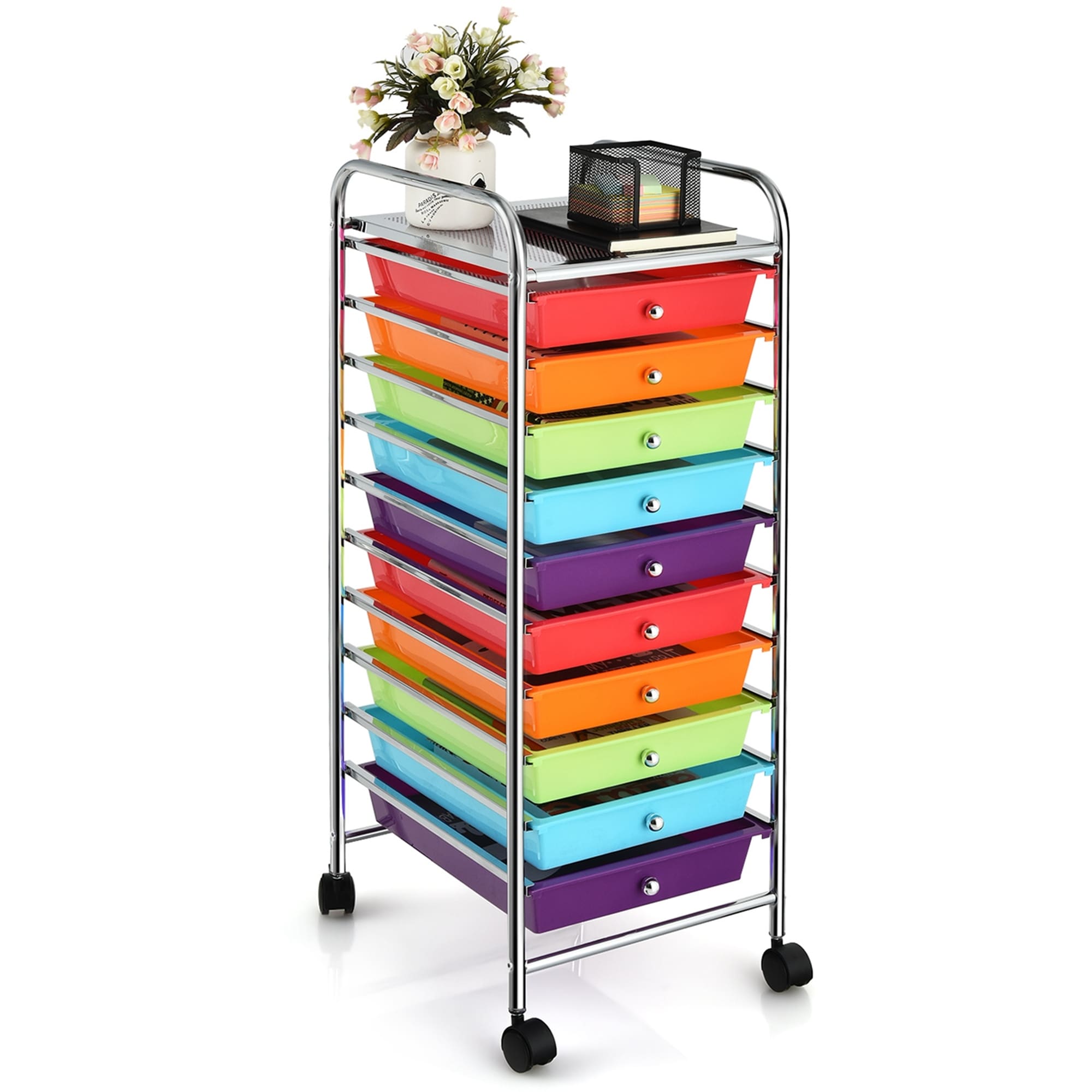 Costway 10 Drawer Rolling Organizer Cart Craft Utility Mobile Trolley Chrome Scrapbook Colorful