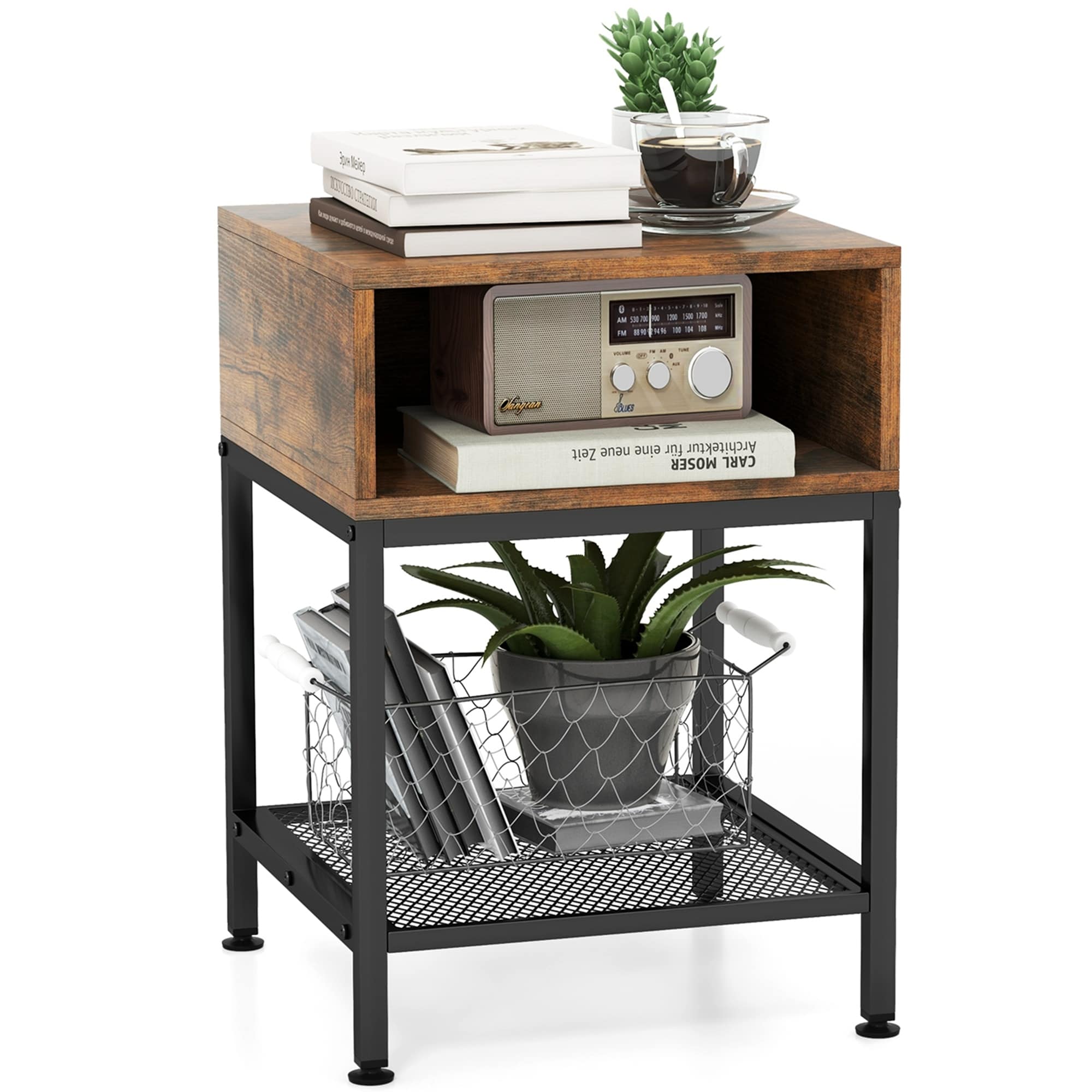Costway Industrial Nightstand End Side Table W Compartment Mesh See Details