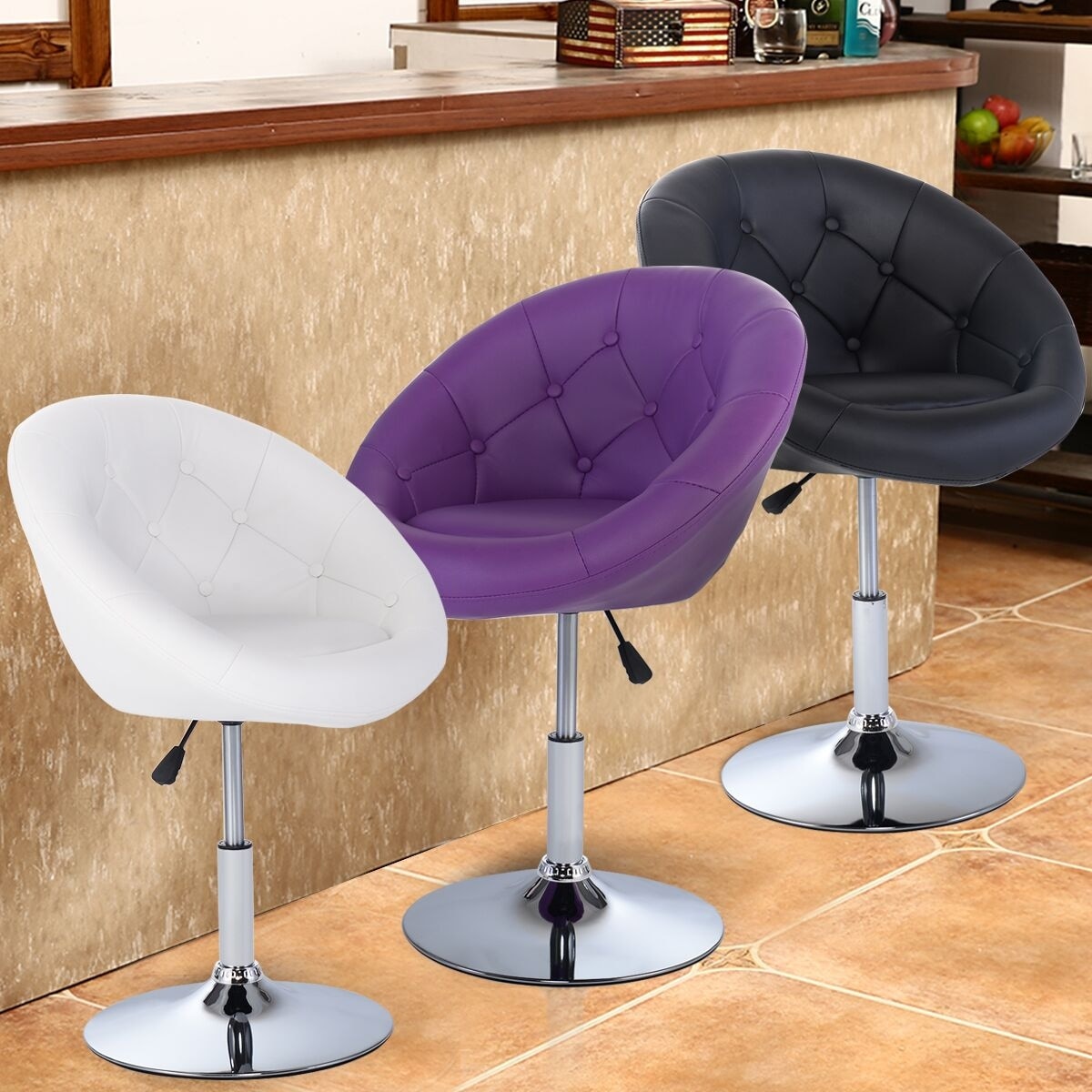 Costway 1Pc Pu Leather Adjustable Modern Swivel Round Accent Chair 3 Single