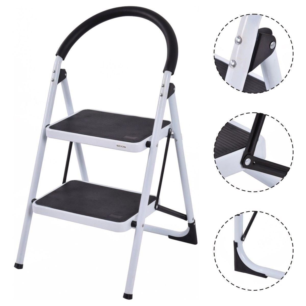 Costway 2 Step Ladder Folding Stool Heavy Duty 330Lbs Capacity Industrial Lightweight Black White