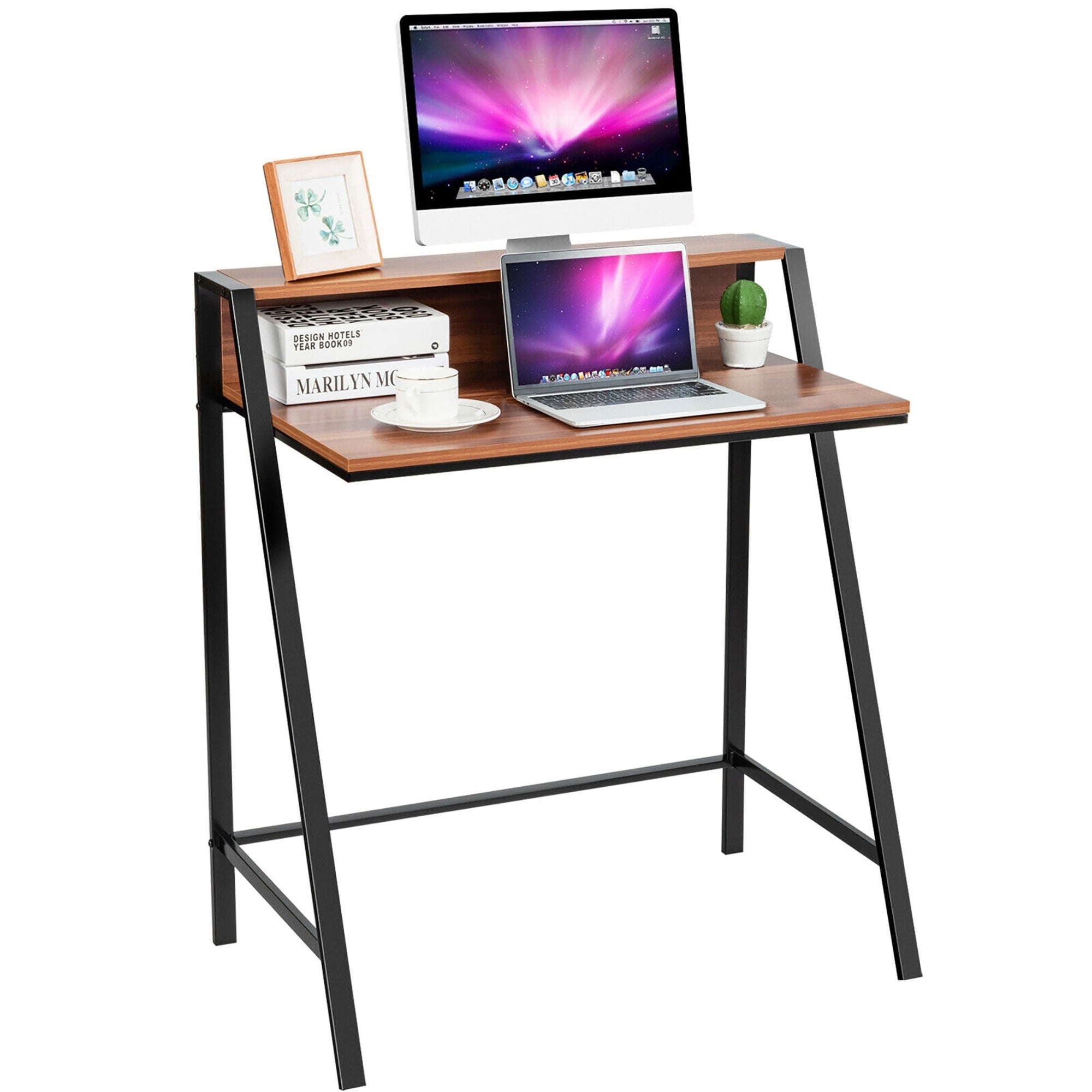 Costway 2 Tier Computer Desk Pc Laptop Table Study Writing Home Office Workstation Walnut