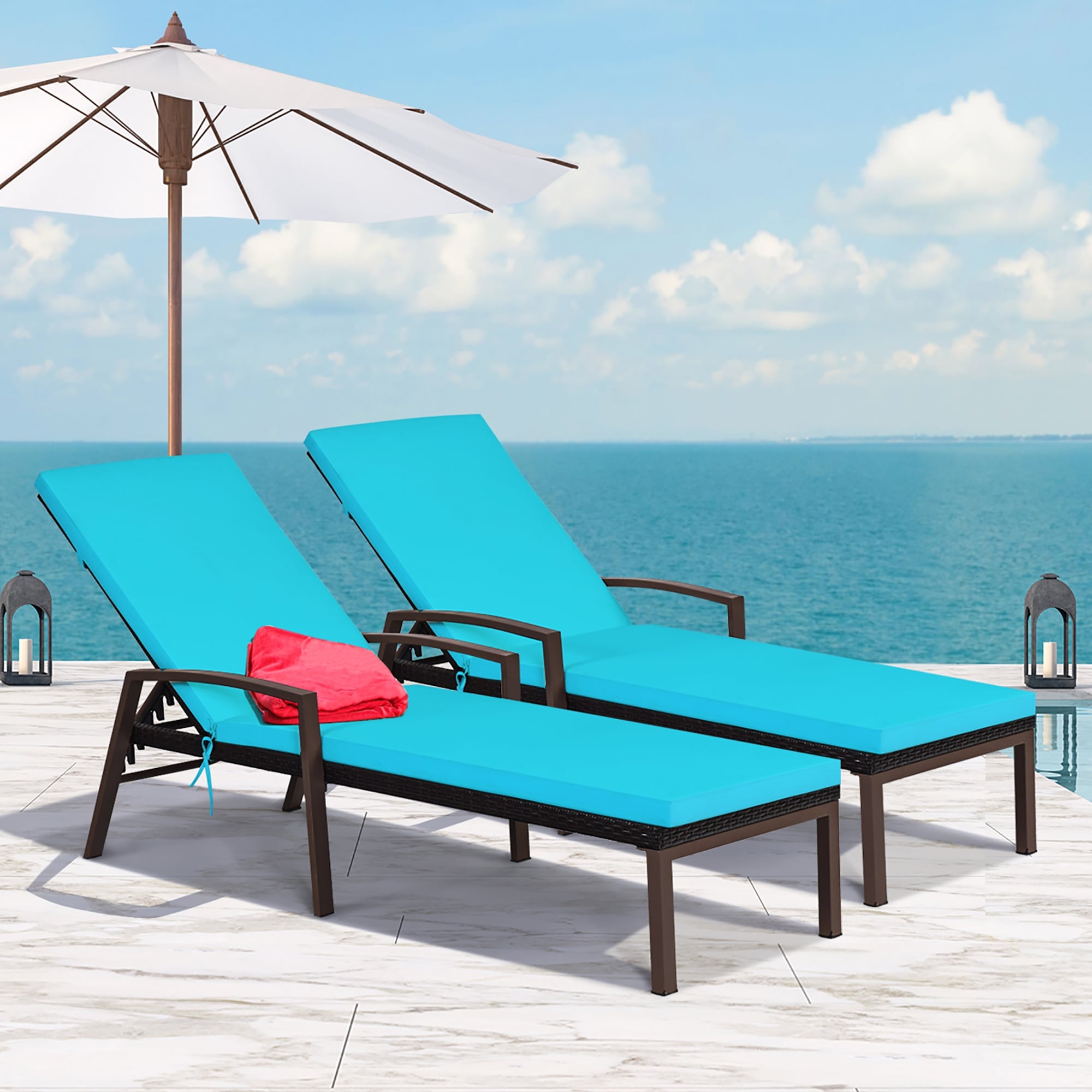 Costway 2Pcs Patio Rattan Lounge Chair Chaise Recliner Back Adjustable