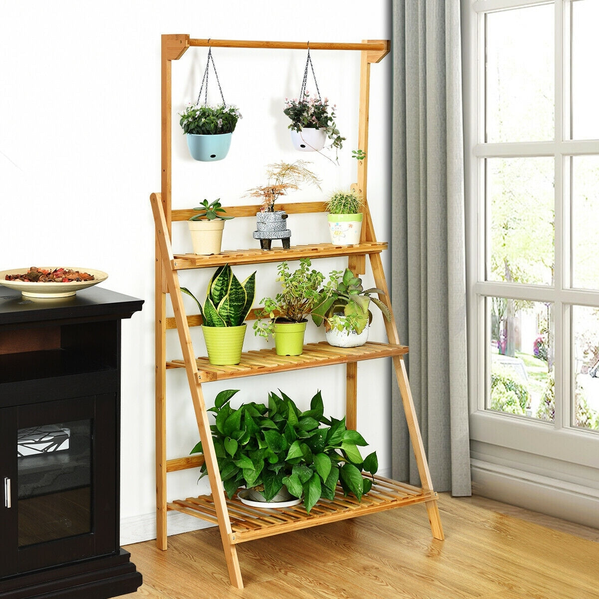 Costway 3 Tier Bamboo Hanging Folding Plant Shelf Stand Flower Pot Display Rack Bookcase Raw Bamboo Color