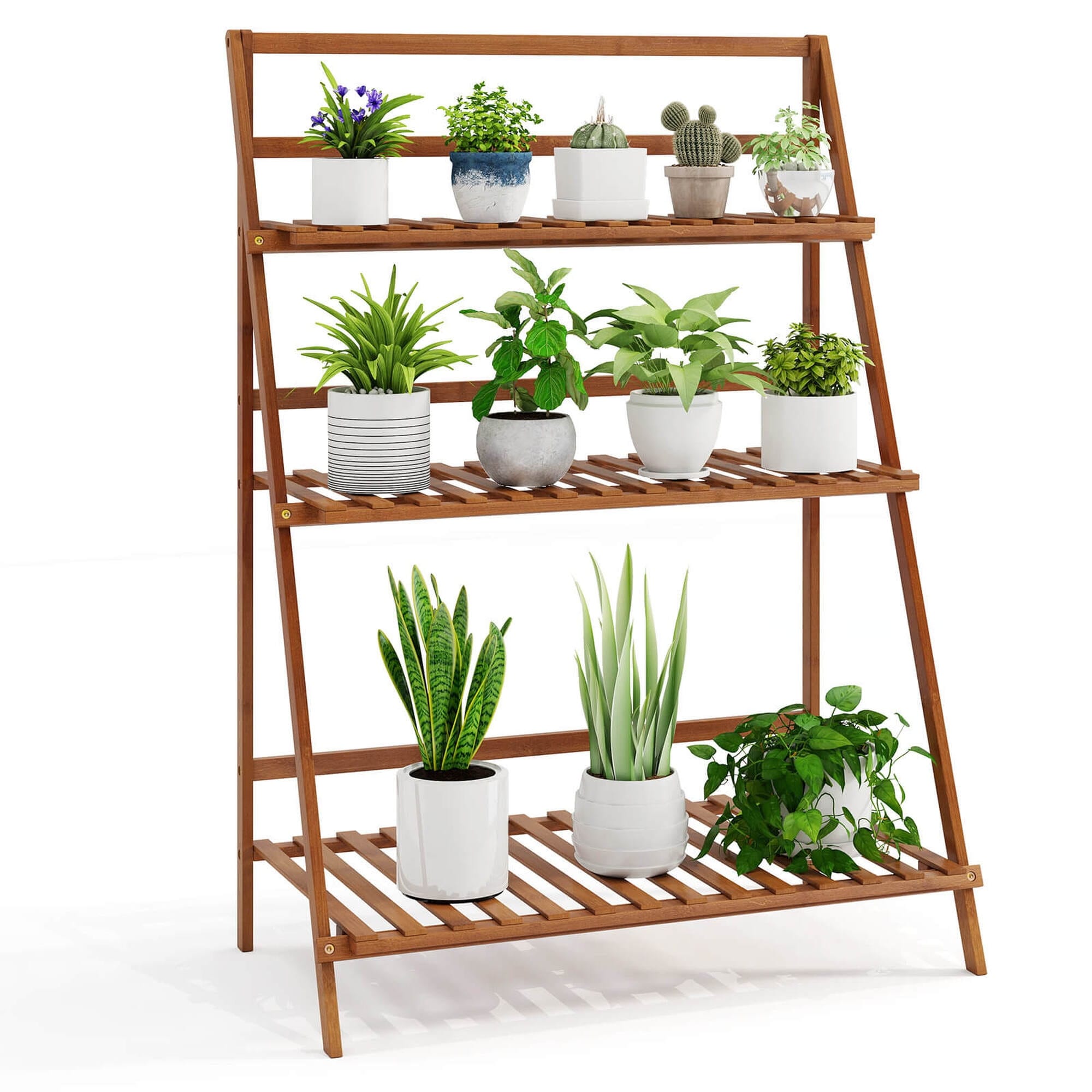 Costway 3 Tier Folding Shelf Stand Bamboo Flower Pot Display Rack Bookcase Organizer Brunet
