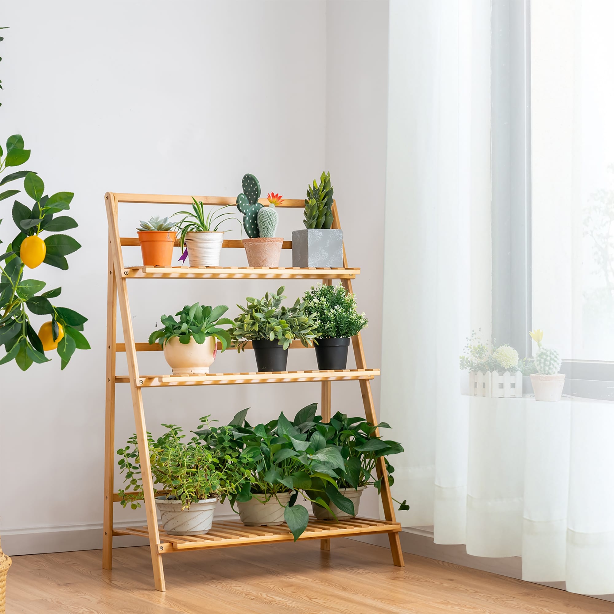 Costway 3 Tier Outdoor Bamboo Flower Pot Shelf Stand Folding Display Rack Garden Yard Light Brown