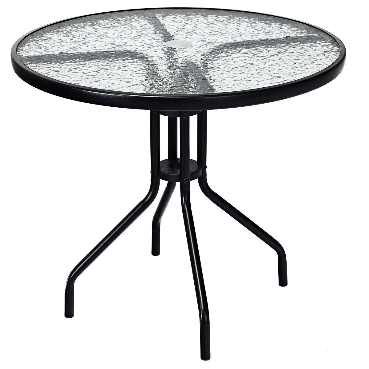 Costway 32Outdoor Patio Round Table Tempered Glass Top W Umbrella Hole Steel Frame New Black