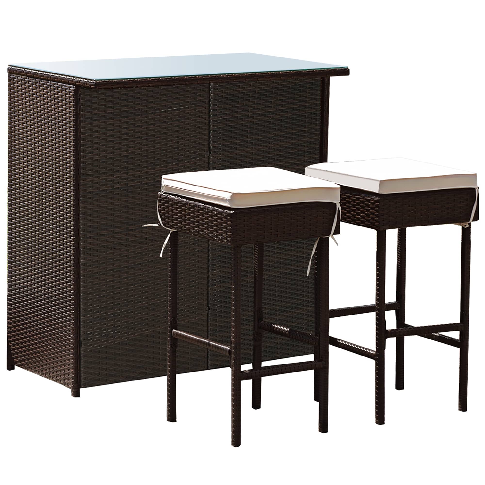 Costway 3Pcs Patio Rattan Wicker Bar Table Stools Dining Set Cushioned