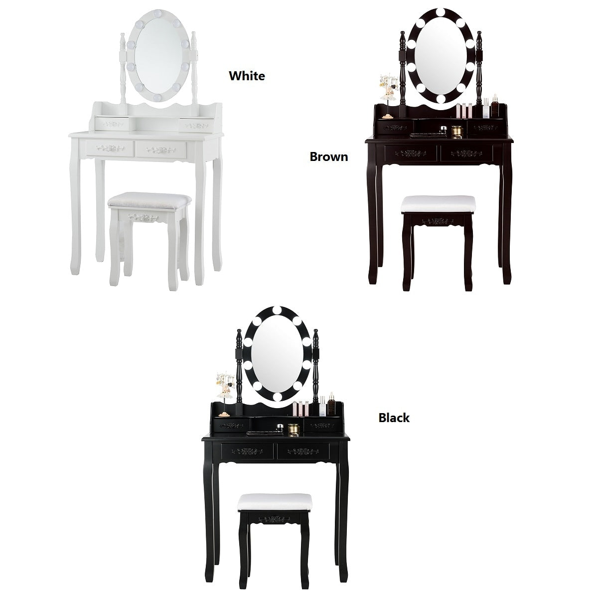 Costway 4 Drawers Vanity Table Dressing Desk W 10 Dimmer Led Bulbs Andtouch Switch Black White Brown