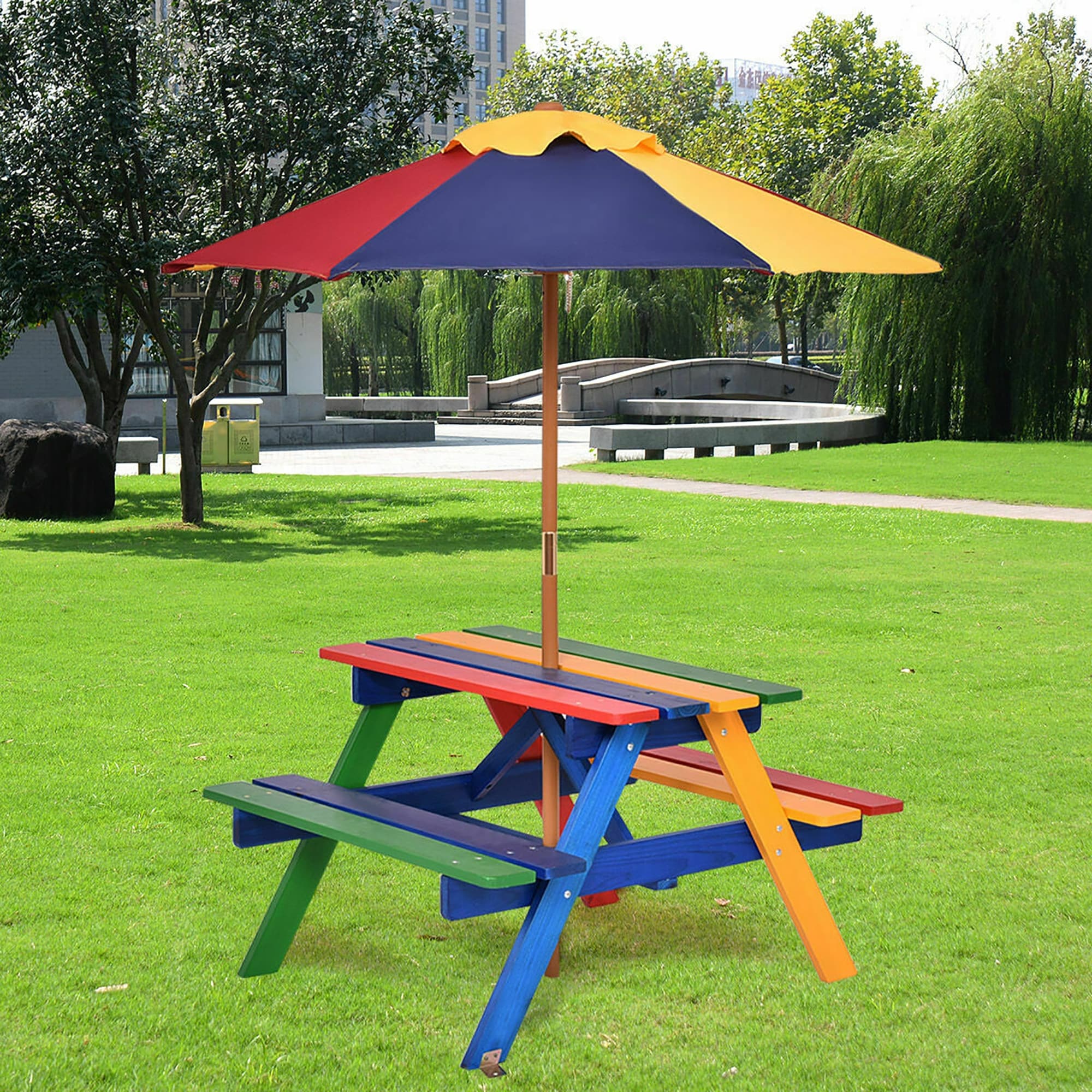 Costway 4 Seat Kids Picnic Table W Umbrella Garden Yard Folding Children Bench Outdoor Multicolor