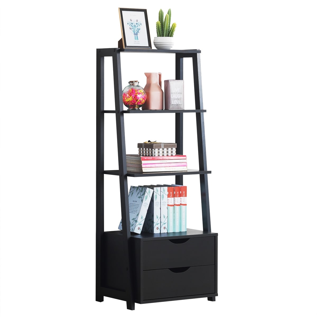 Costway 4 Tier Ladder Shelf Bookshelf Bookcase Storage Display Leaning With 2 Drawers