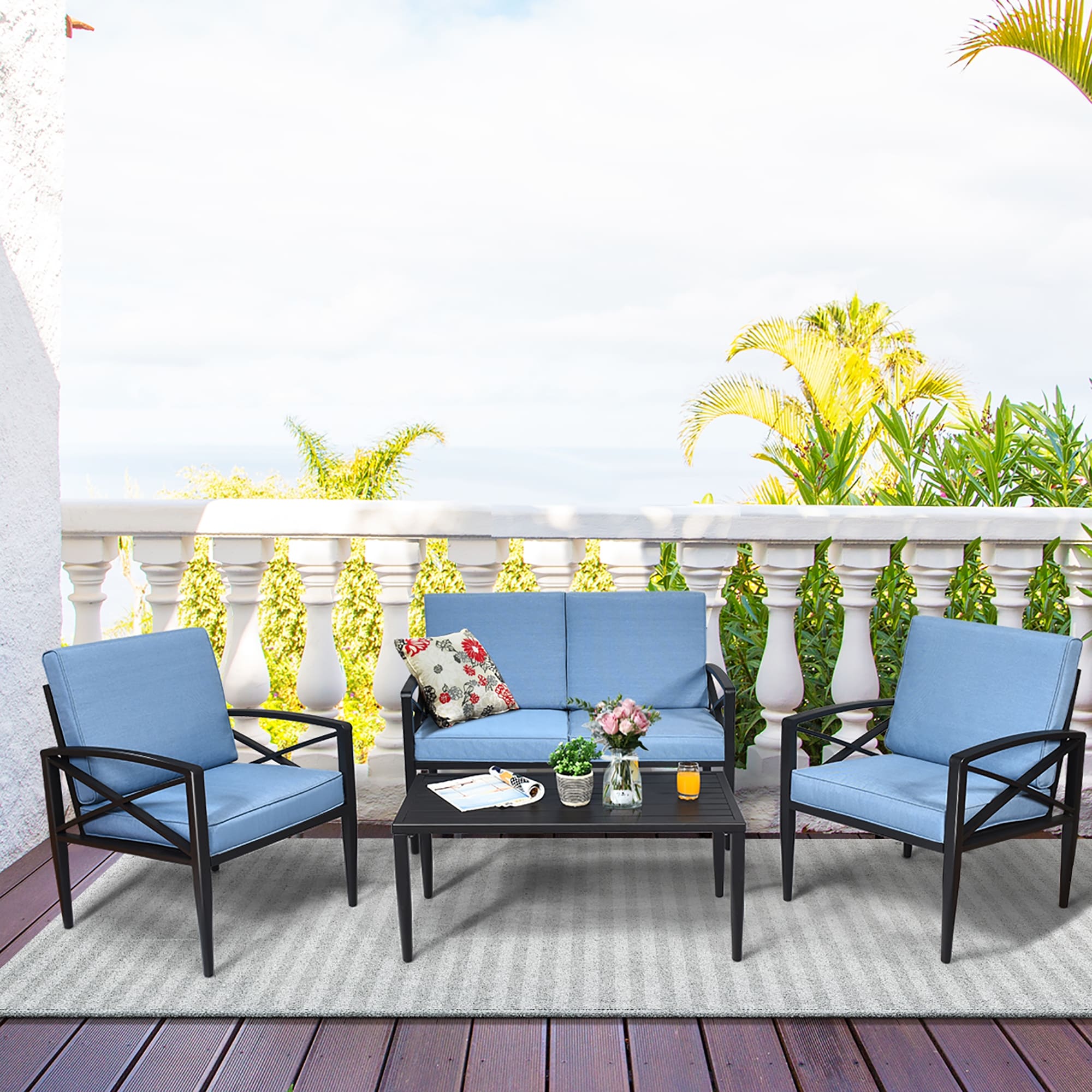 Costway 4Pcs Patio Furniture Set Aluminum Frame Cushioned Sofa Chair Black Blue