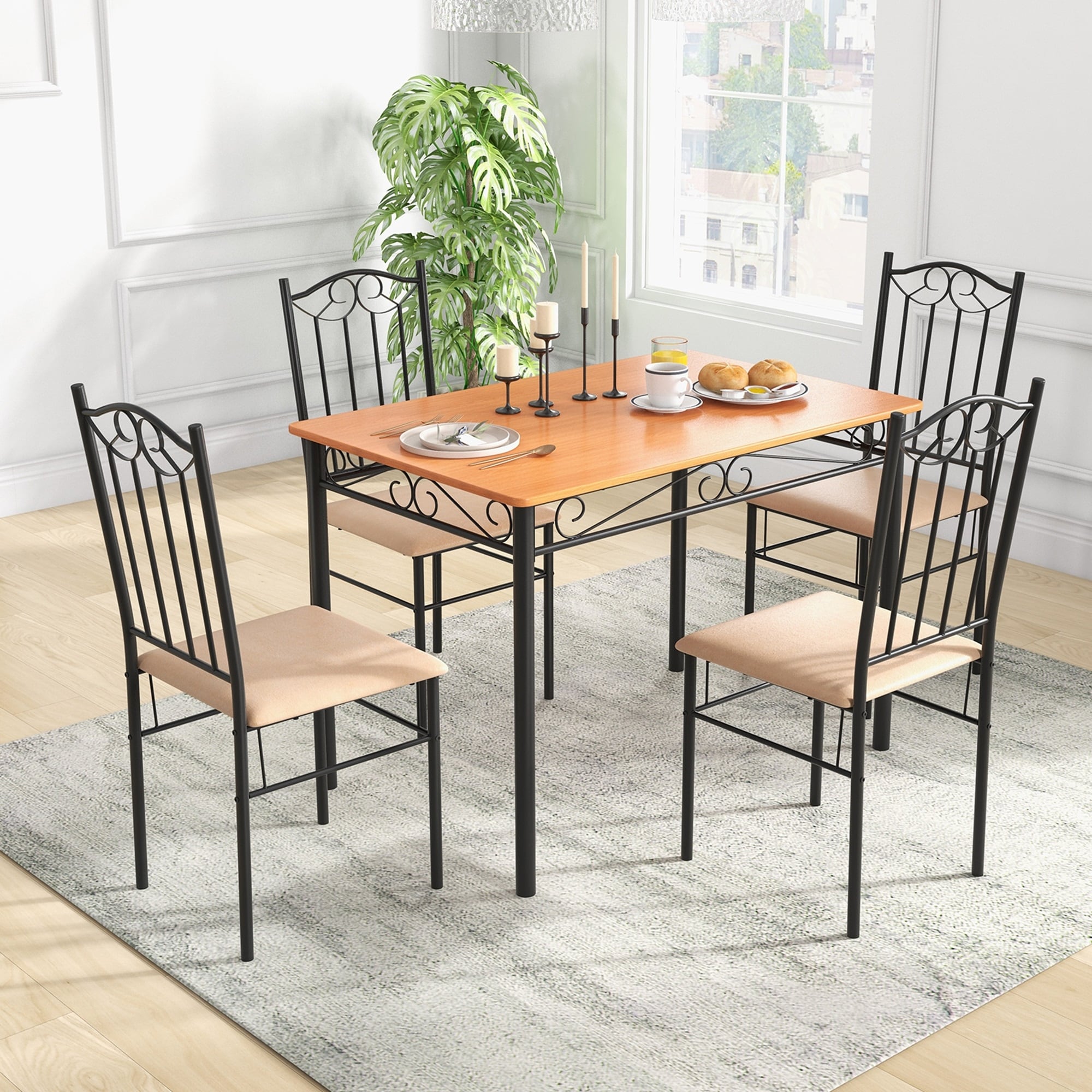 Costway 5 Pc Dining Set Wood Metal Table And 4 Chairs Kitchen Breakfast Furniture As Pic
