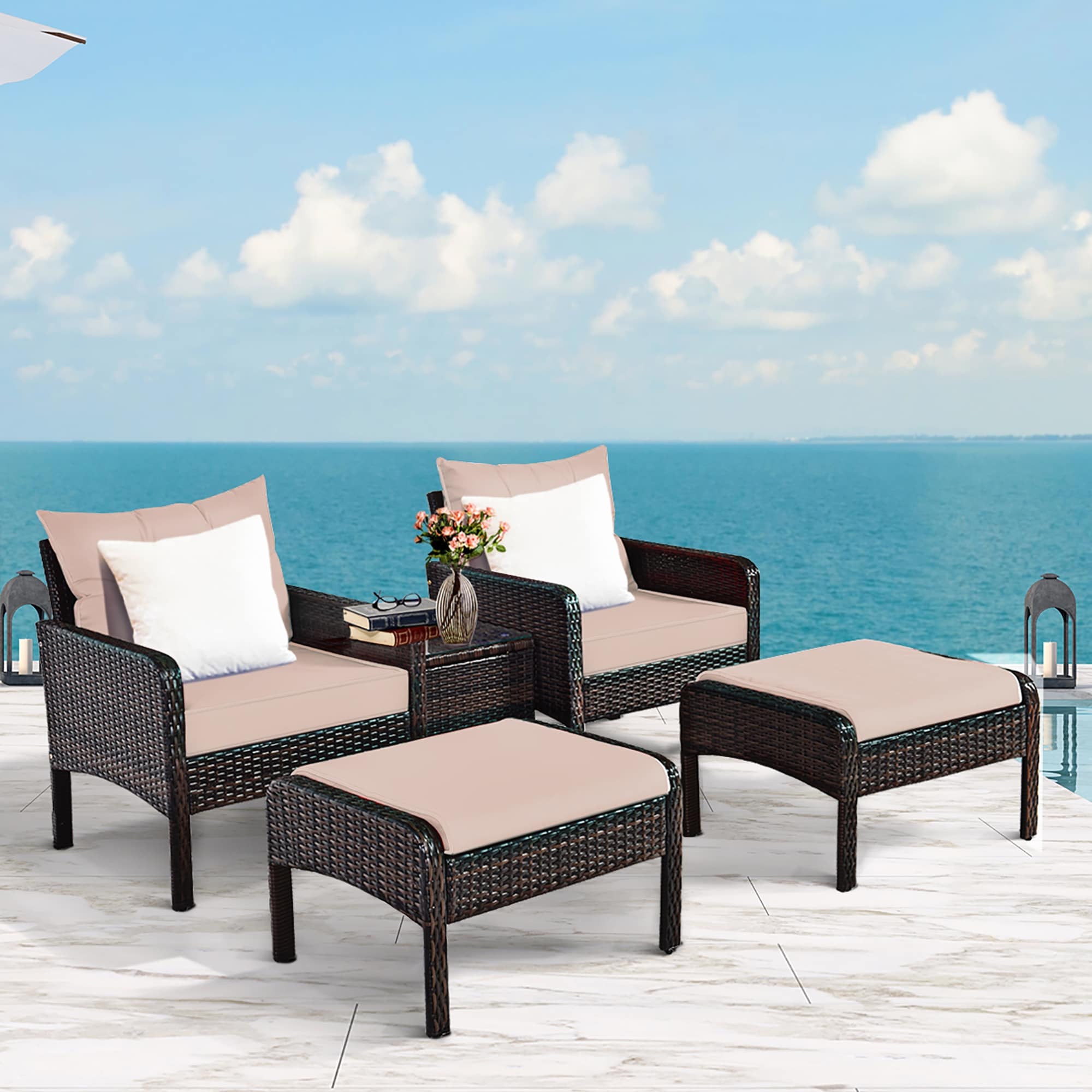 Costway 5 Pcs Rattan Wicker Furniture Set Sofa Ottoman W Brown Cushion Patio Garden Yard As Pic