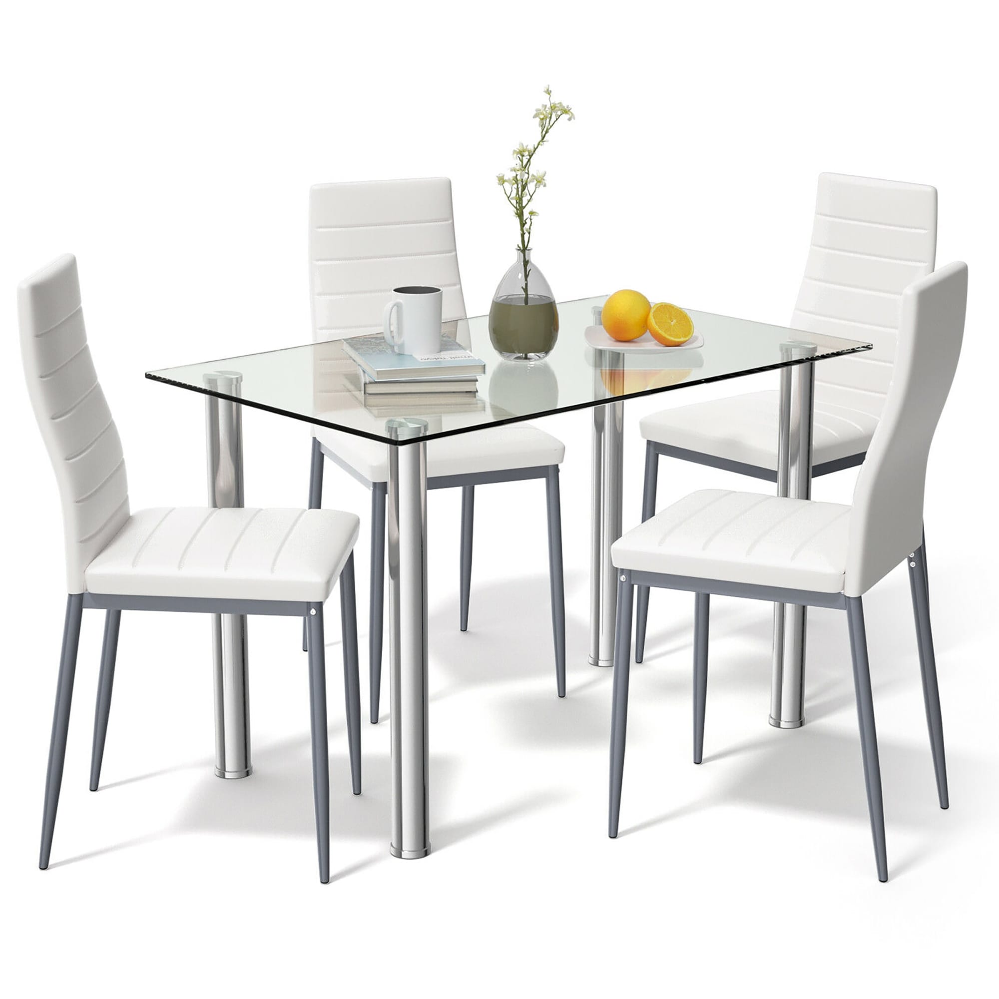 Costway 5 Piece Dining Set Table And 4 Chairs Glass Metal Kitchen Breakfast Furniture As Pic