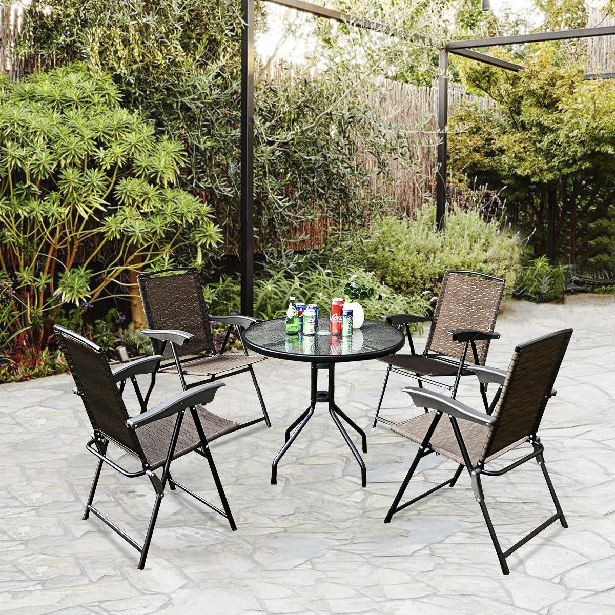 Costway 5Pc Bistro Outdoor Patio Furniture Set Glass Table W 4 Folding Adjustable Chairs As Pic 5Pc Set
