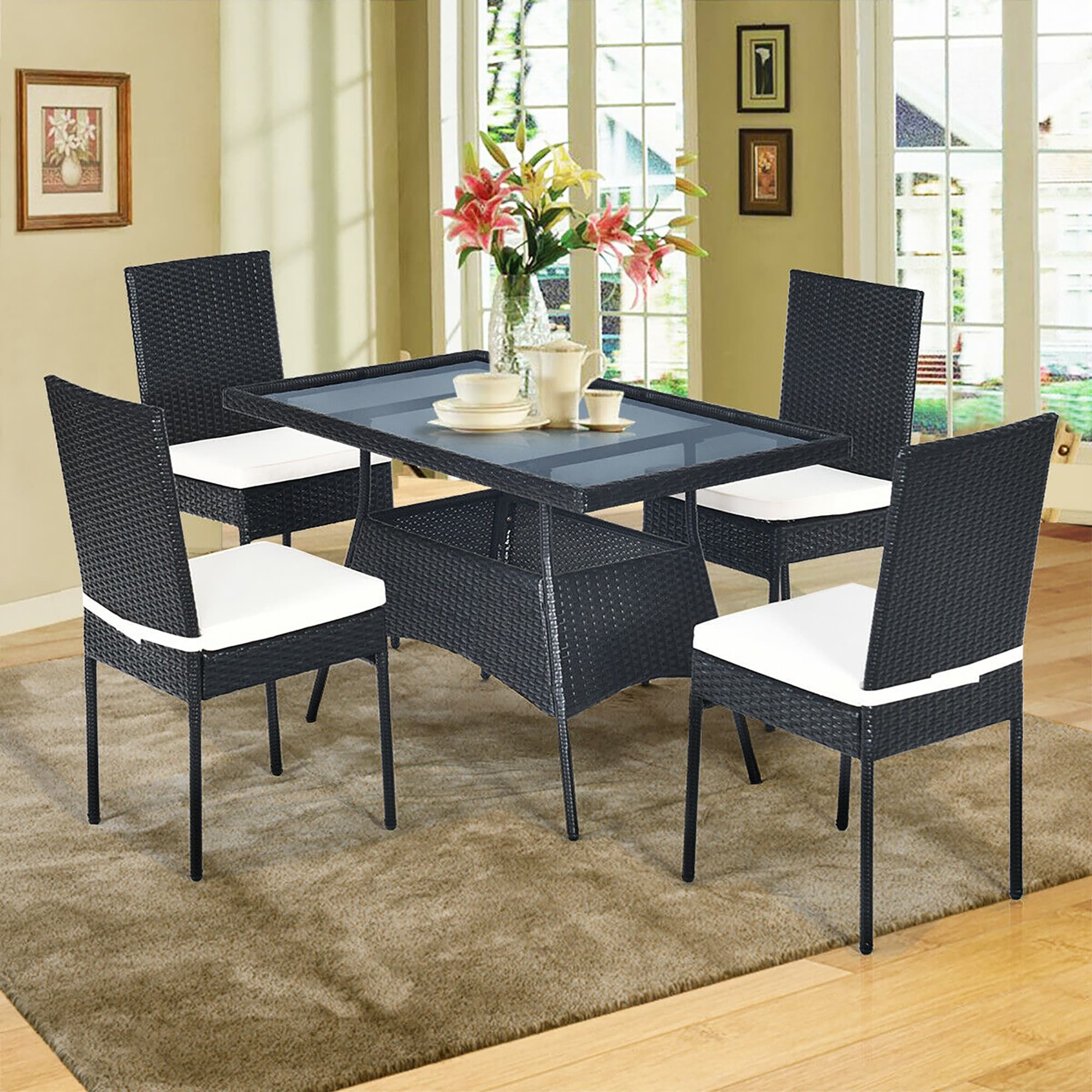 Costway 5Pcs Patio Rattan Dining Set Table W Glass Top Garden