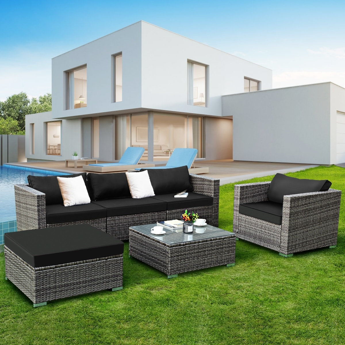 Costway 6Pc Grey Rattan Patio Set As Pic