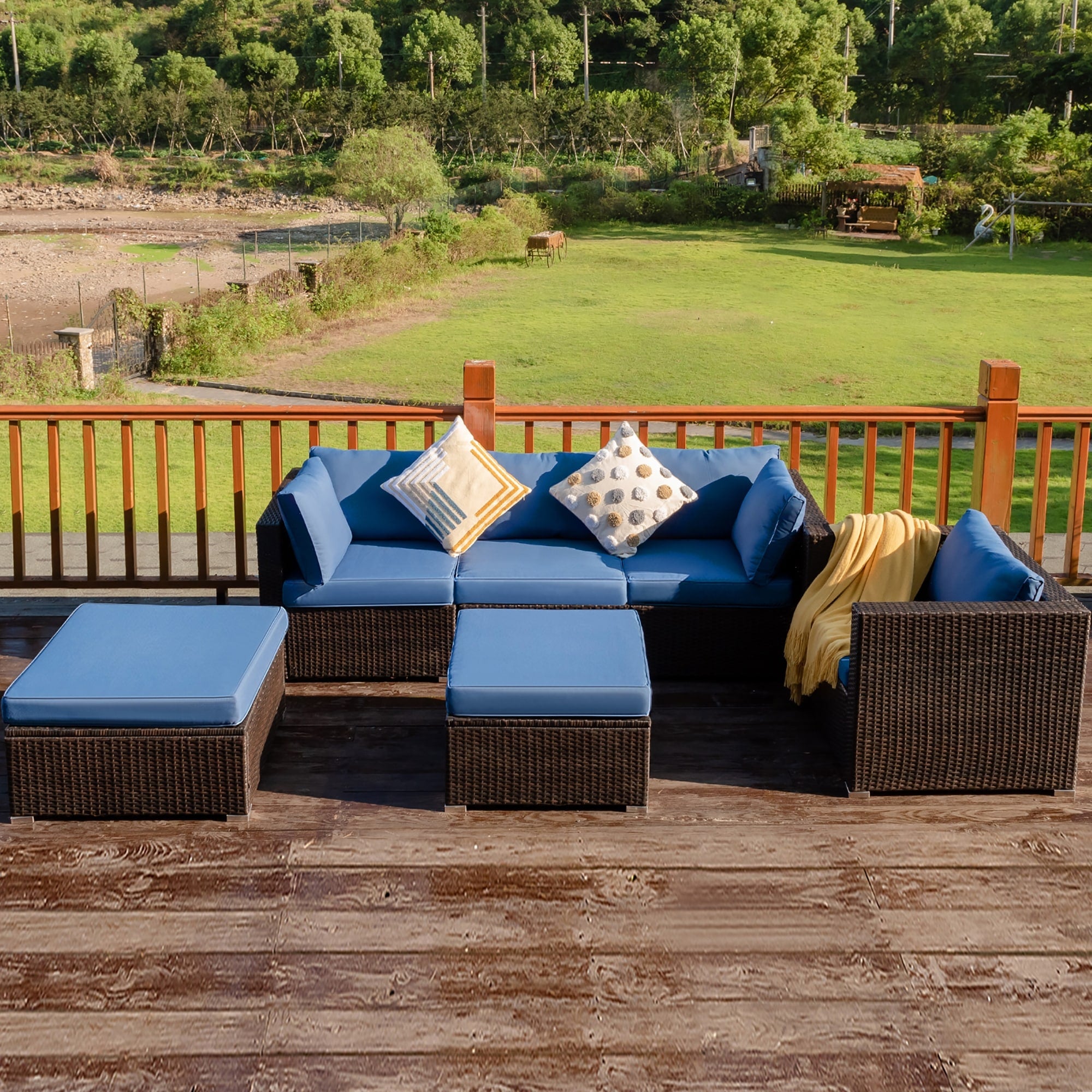 Costway 6 Piece Patio Rattan Wicker Furniture Set Sectional Sofa Couch W 2 Set Cushion Cover Hemp Grey