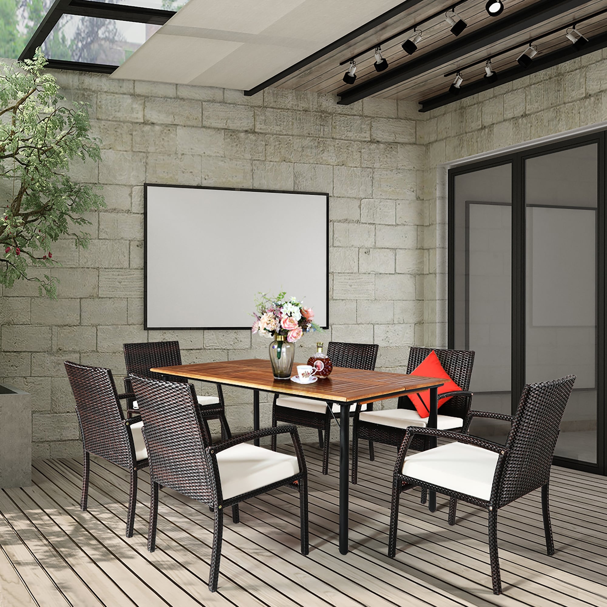 Costway 7Pcs Patio Rattan Dining Set Chair Wooden Table Top W Umbrella