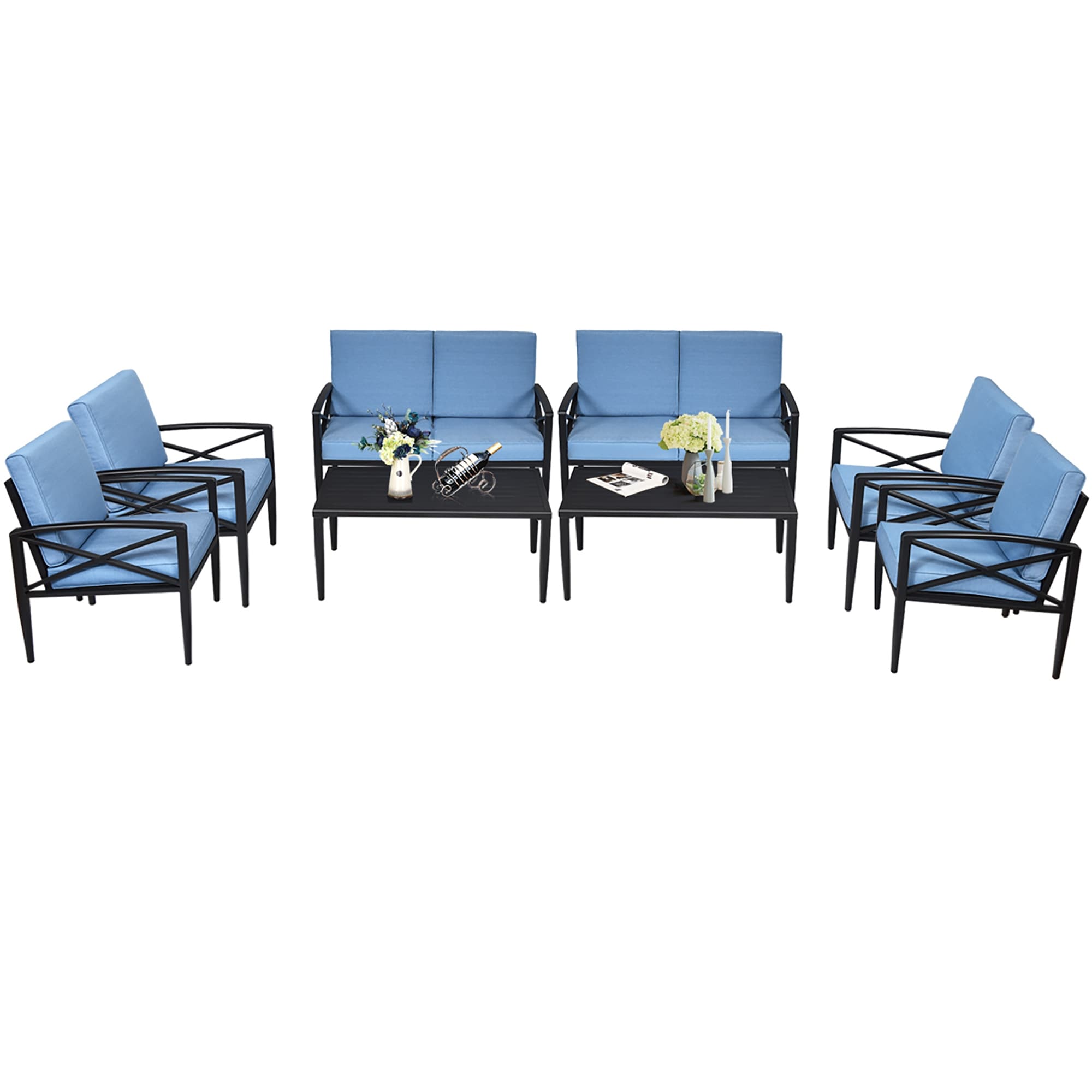 Costway 8Pcs Patio Furniture Set Aluminum Frame Cushioned Sofa Chair Black Blue