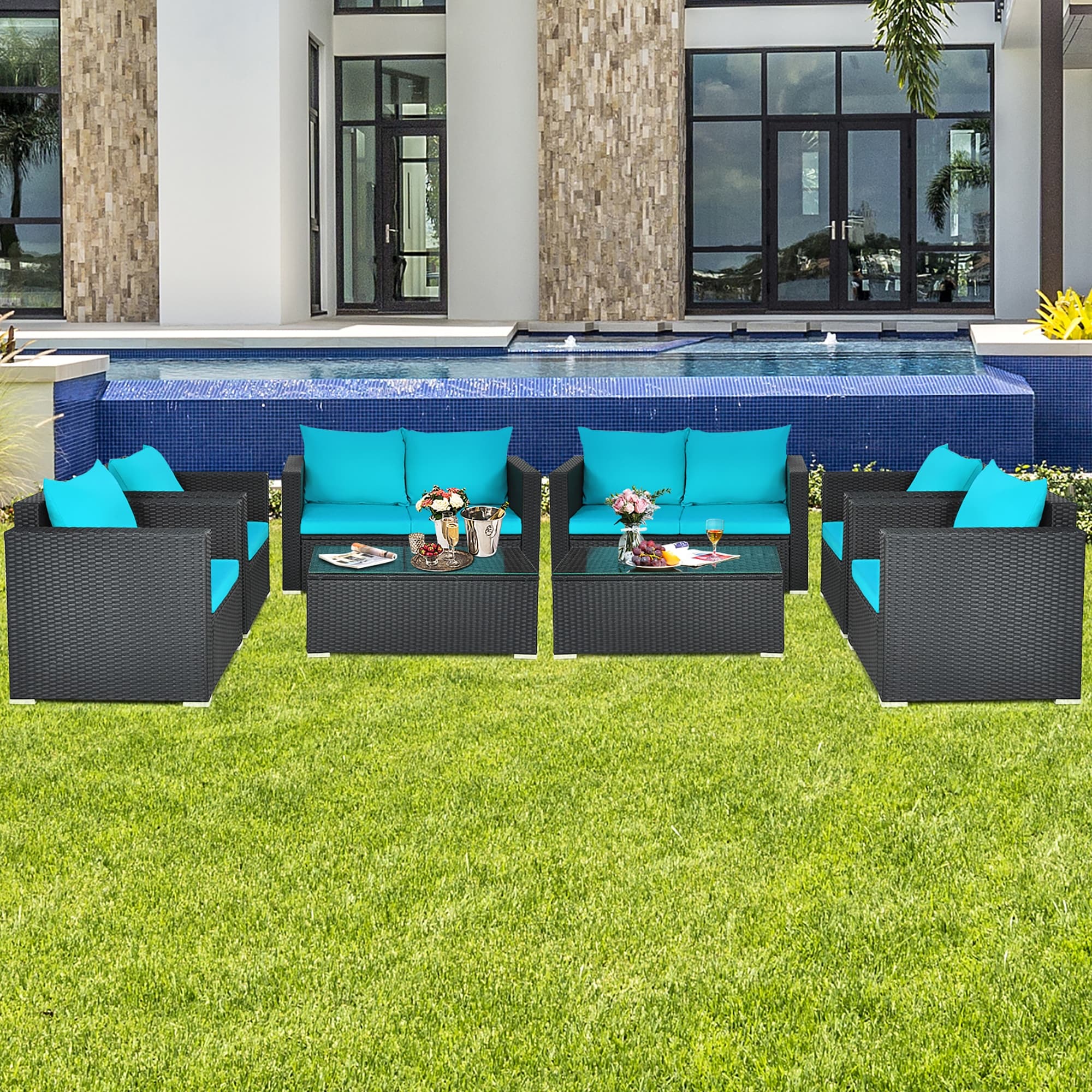 Costway 8Pcs Patio Rattan Cushioned Sofa Chair Coffee Table Turquoise