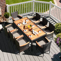 9Pcs Patio Rattan Dining Set 8 Chairs Cushioned Acacia Table Top
