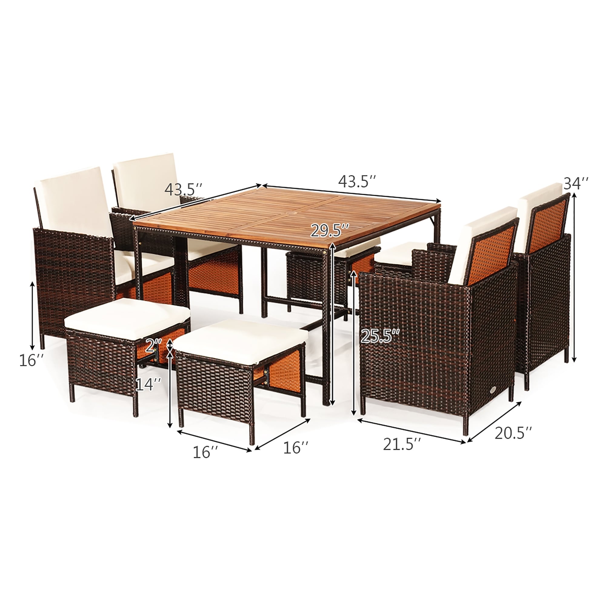 Costway 9Pcs Patio Rattan Dining Set Cushioned Chairs Ottoman Wood