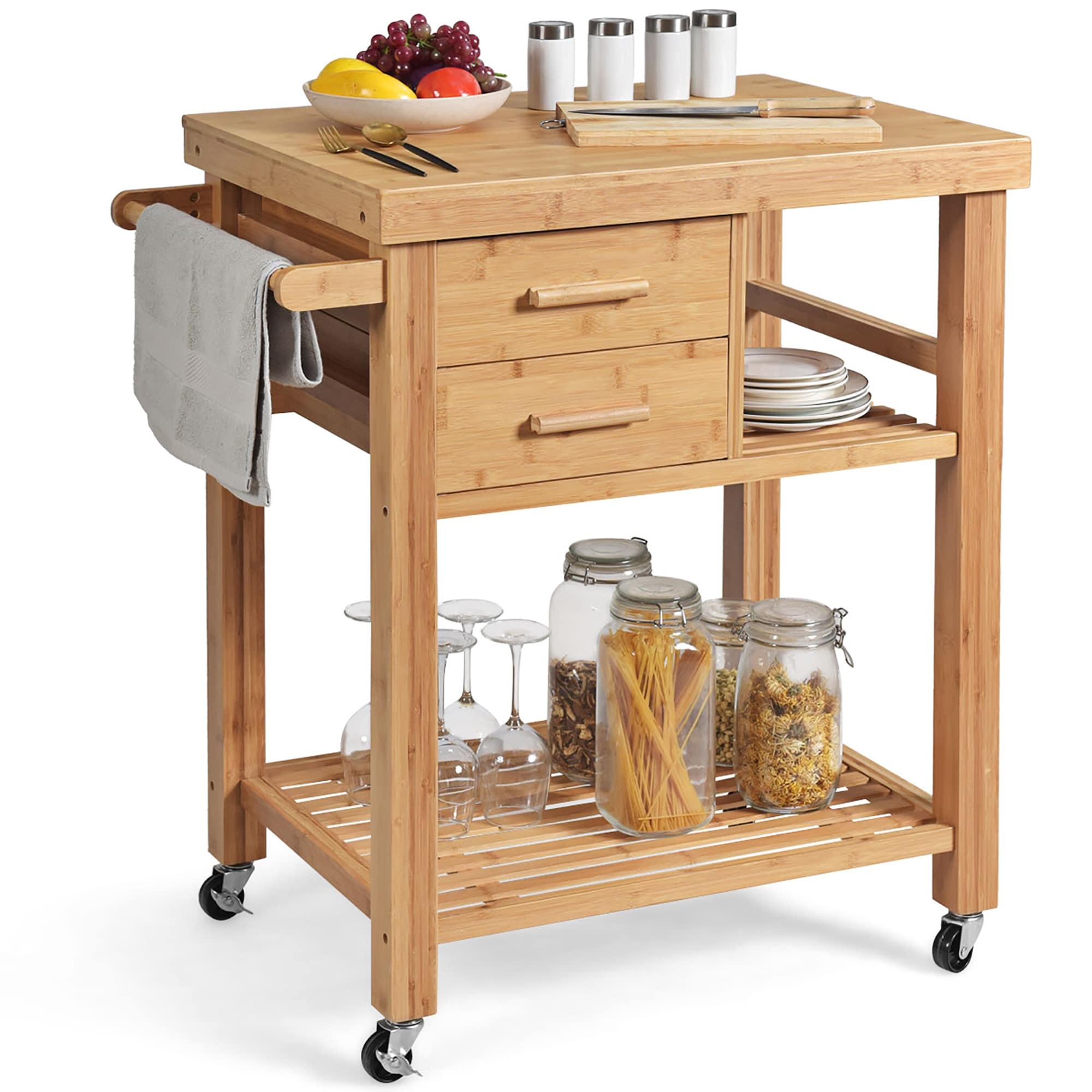 Costway Bamboo Kitchen Trolley Cart W Tower Rack Drawers