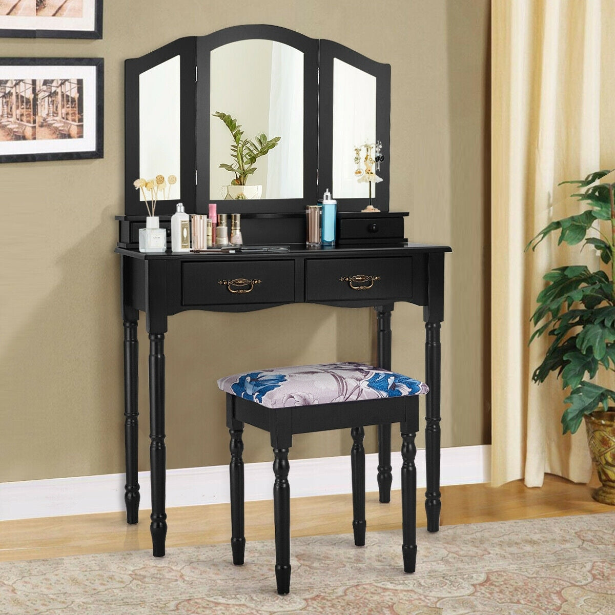 Costway Black Tri Folding Mirror Vanity Makeup Table Stool Set Bathroom W 4 Drawers