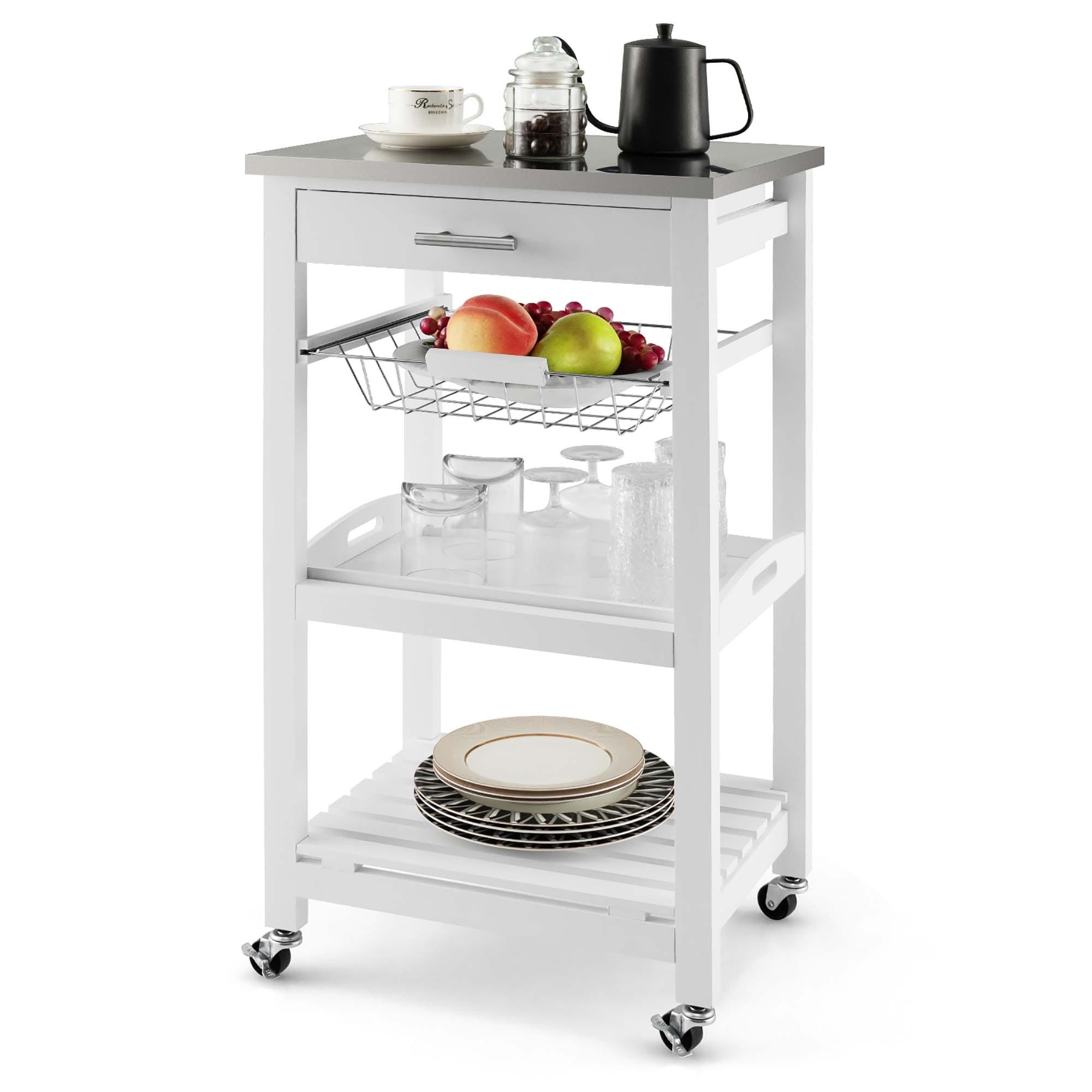 Costway Rolling Kitchen Trolley Cart Steel Top Removable Tray W Storage Basket Drawers White