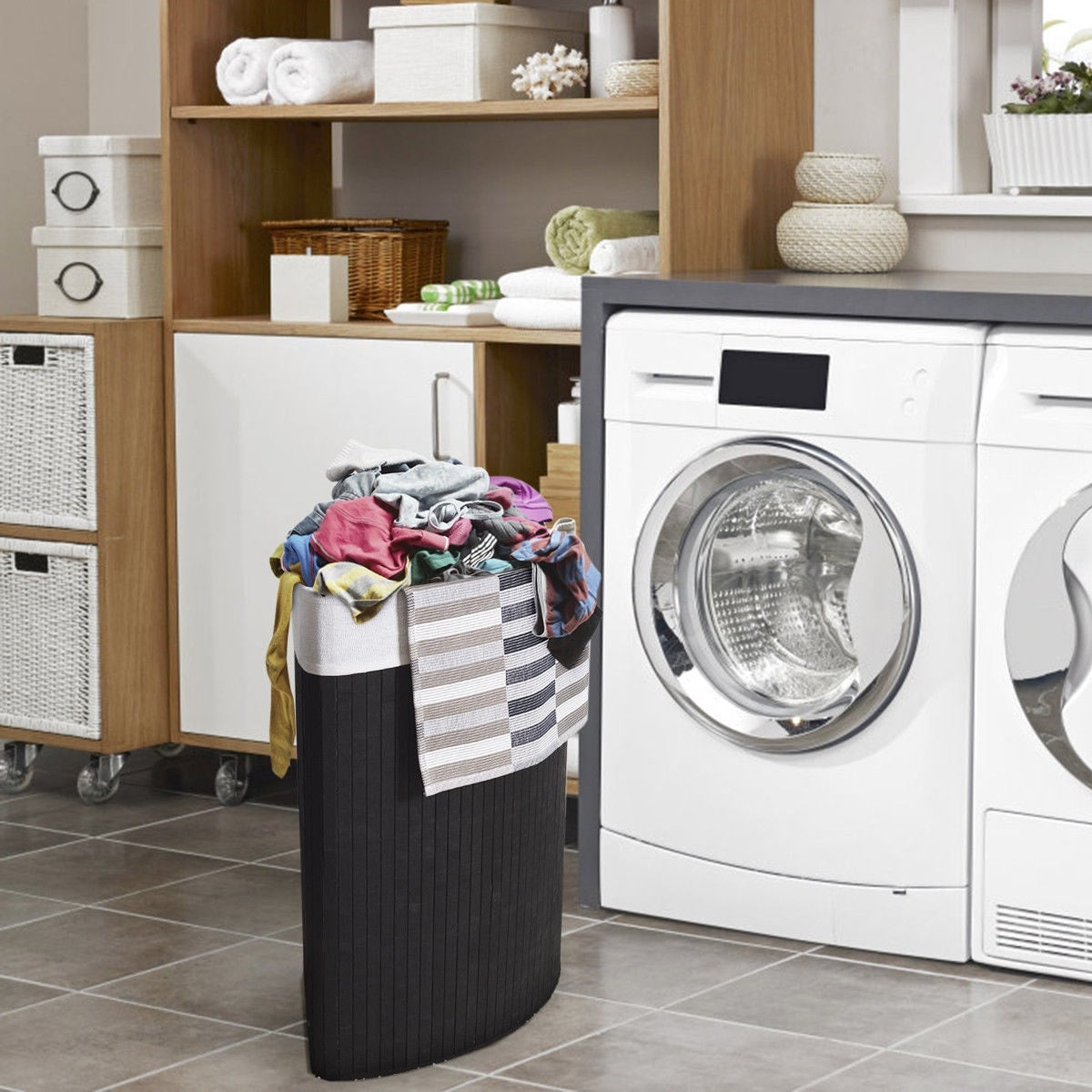 Costway Corner Bamboo Hamper Laundry Basket Washing Cloth Bin Storage Bag Lid Black