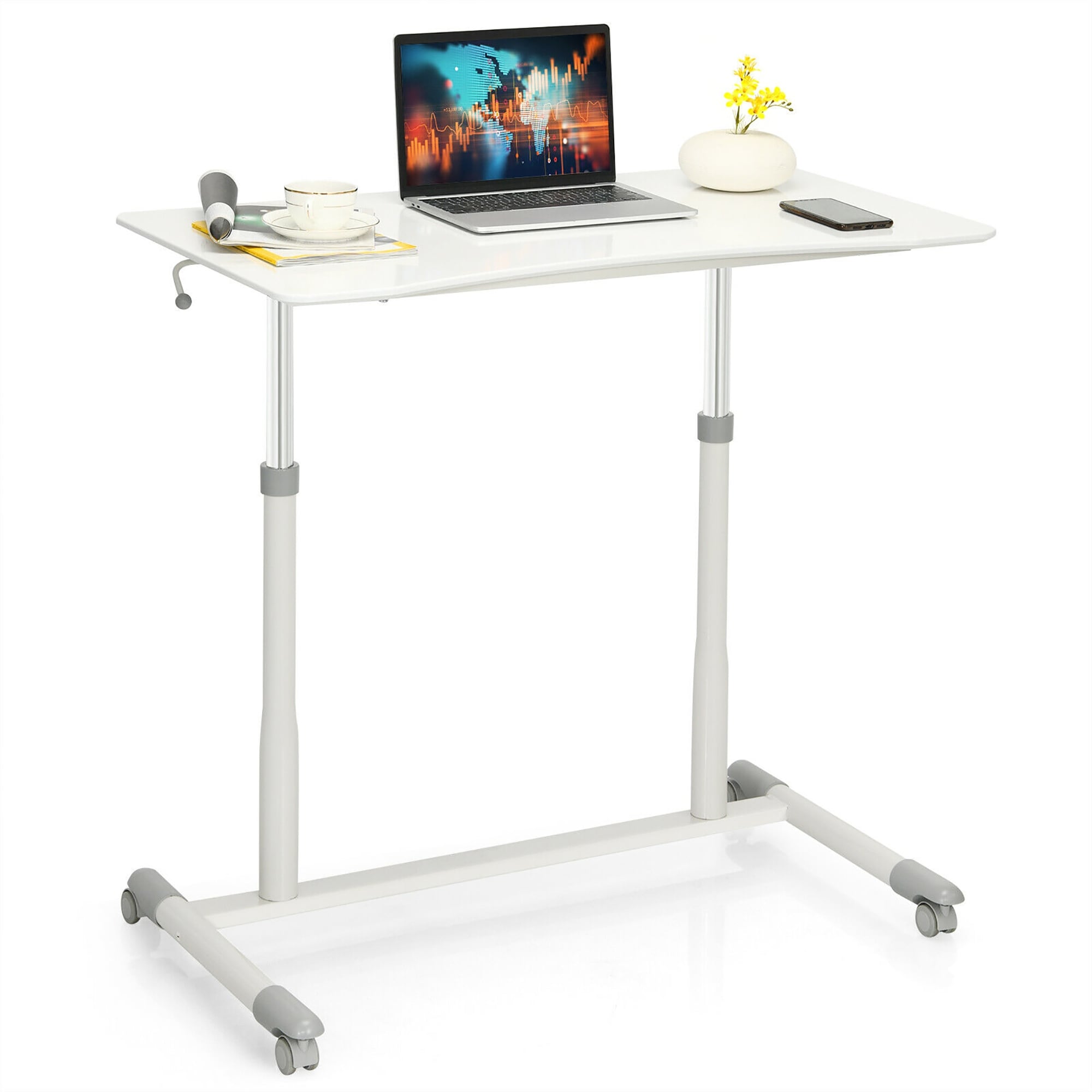 Costway Height Adjustable Computer Desk Sit Stand Rolling Notebook Table Stand Portable White