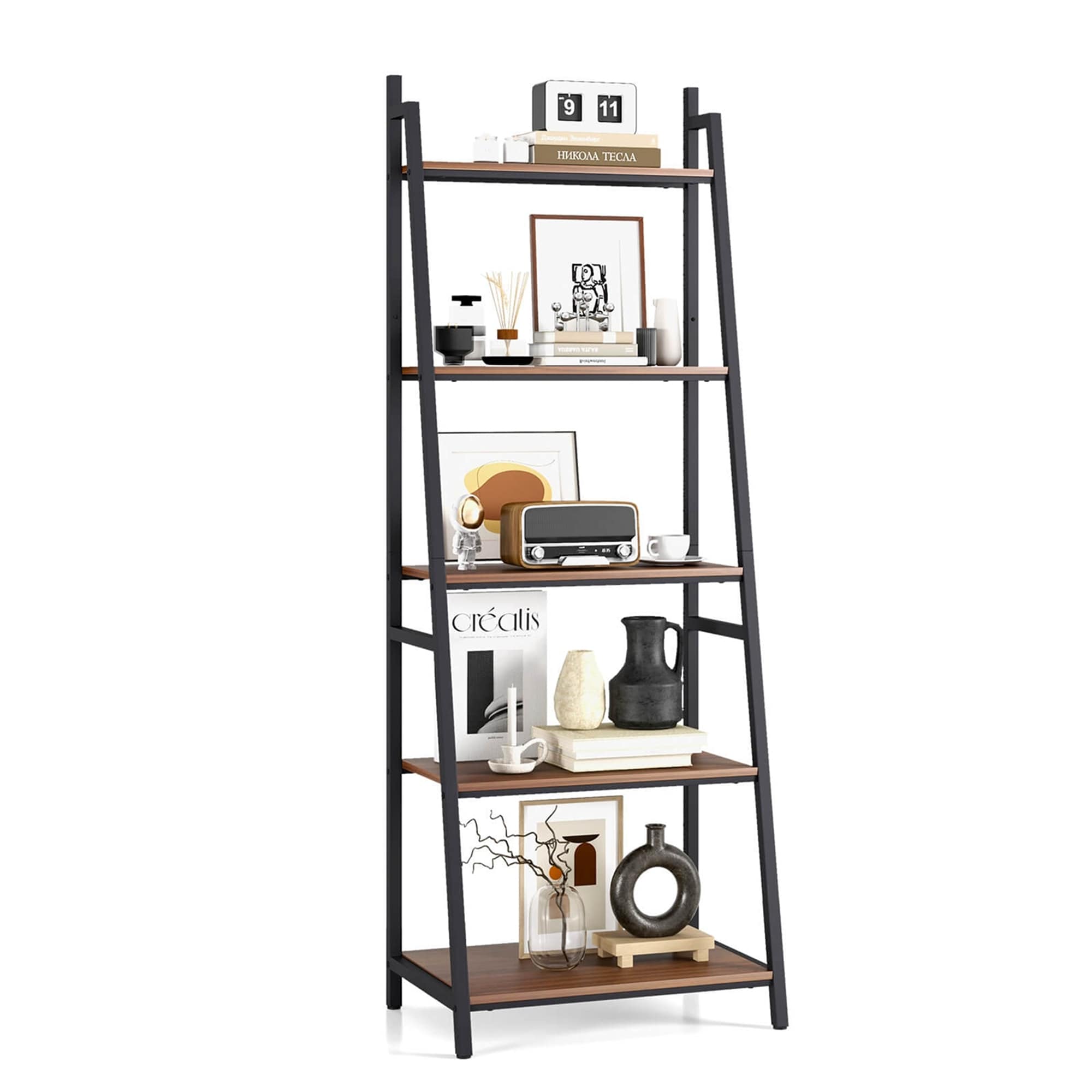 Costway Industrial Ladder Shelf Rustic 5 Tier Leaning Bookshelf Wood See Details
