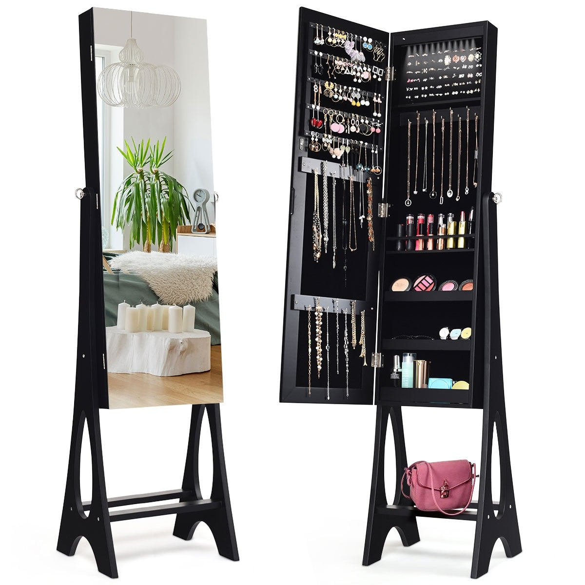 Costway Led Jewelry Cabinet Armoire Organizer Mirrored Standing W Bevel Edge Mirror Black