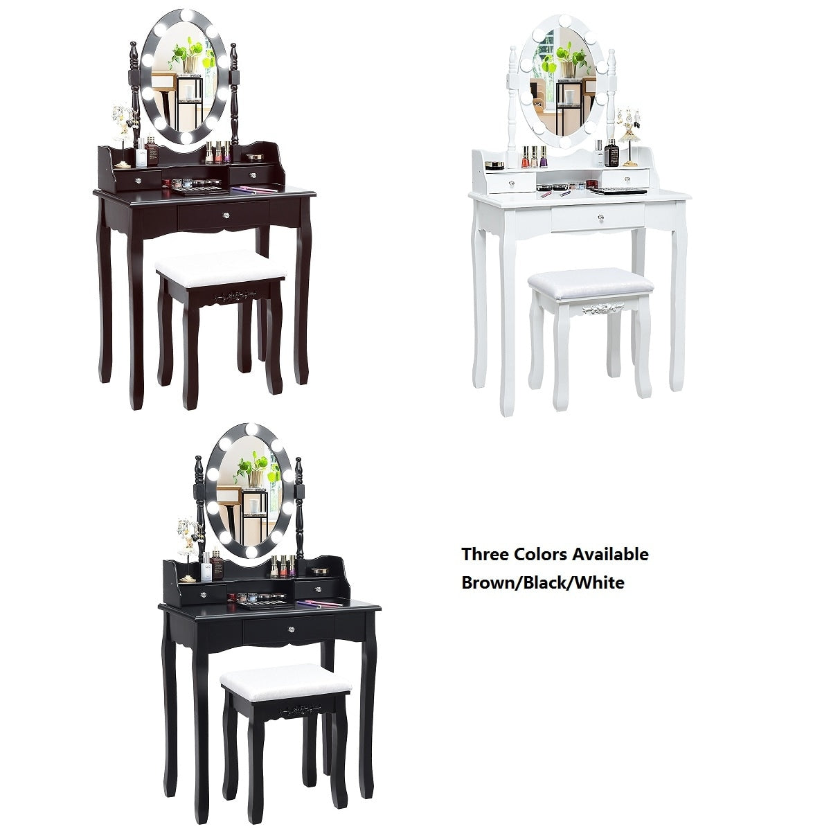 Costway Makeup Vanity Dressing Table Set W 10 Dimmable Bulbs And Touch Switch Whiteblackbrown