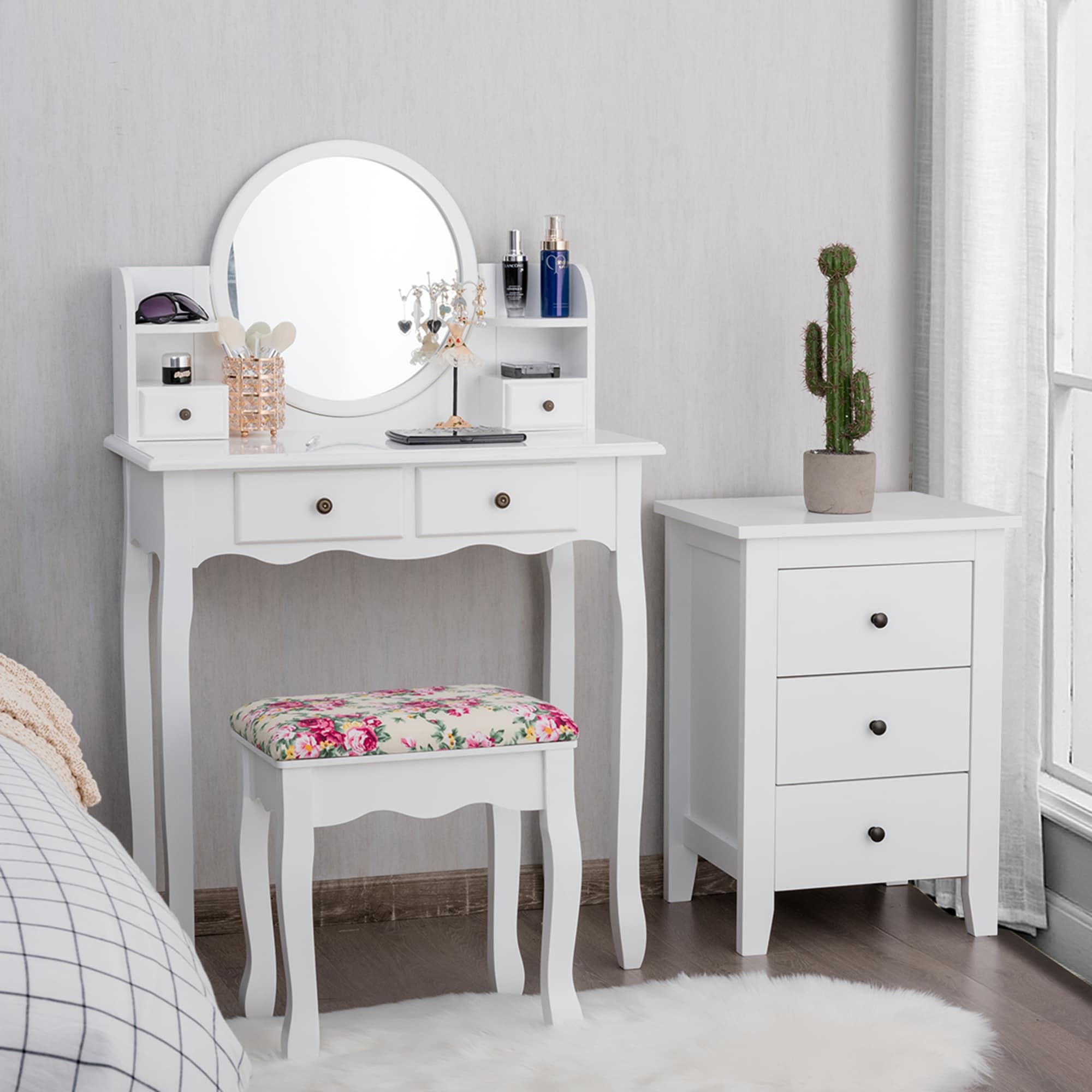 Costway Makeup Vanity Table Set W Drawers Oval Mirror Girls Dressing Table For Kids Gift
