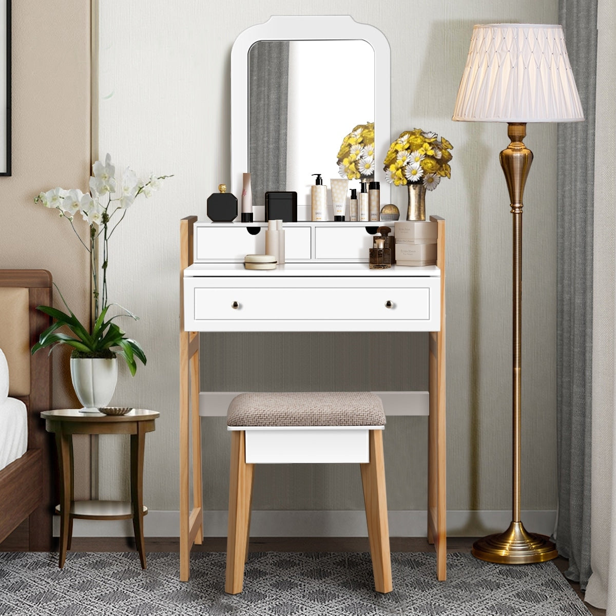 Costway Makeup Vanity Table W 3 Drawers Mirror Dressing Table And Cushioned Stool Set