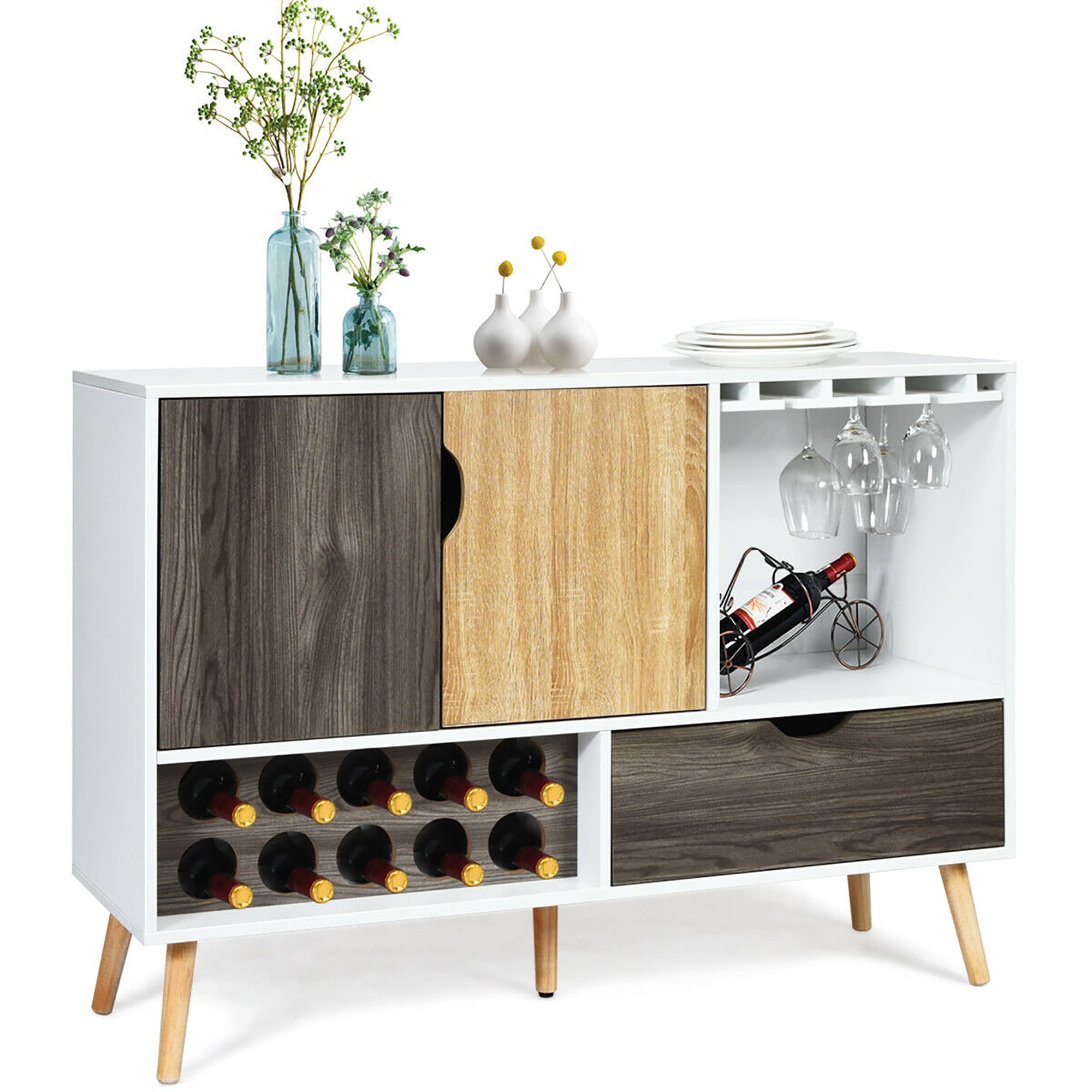 Costway Mid Century Buffet Sideboard Wooden Storage Cabinet W Wine 47.5 X 15.5 X 34 L X W X H