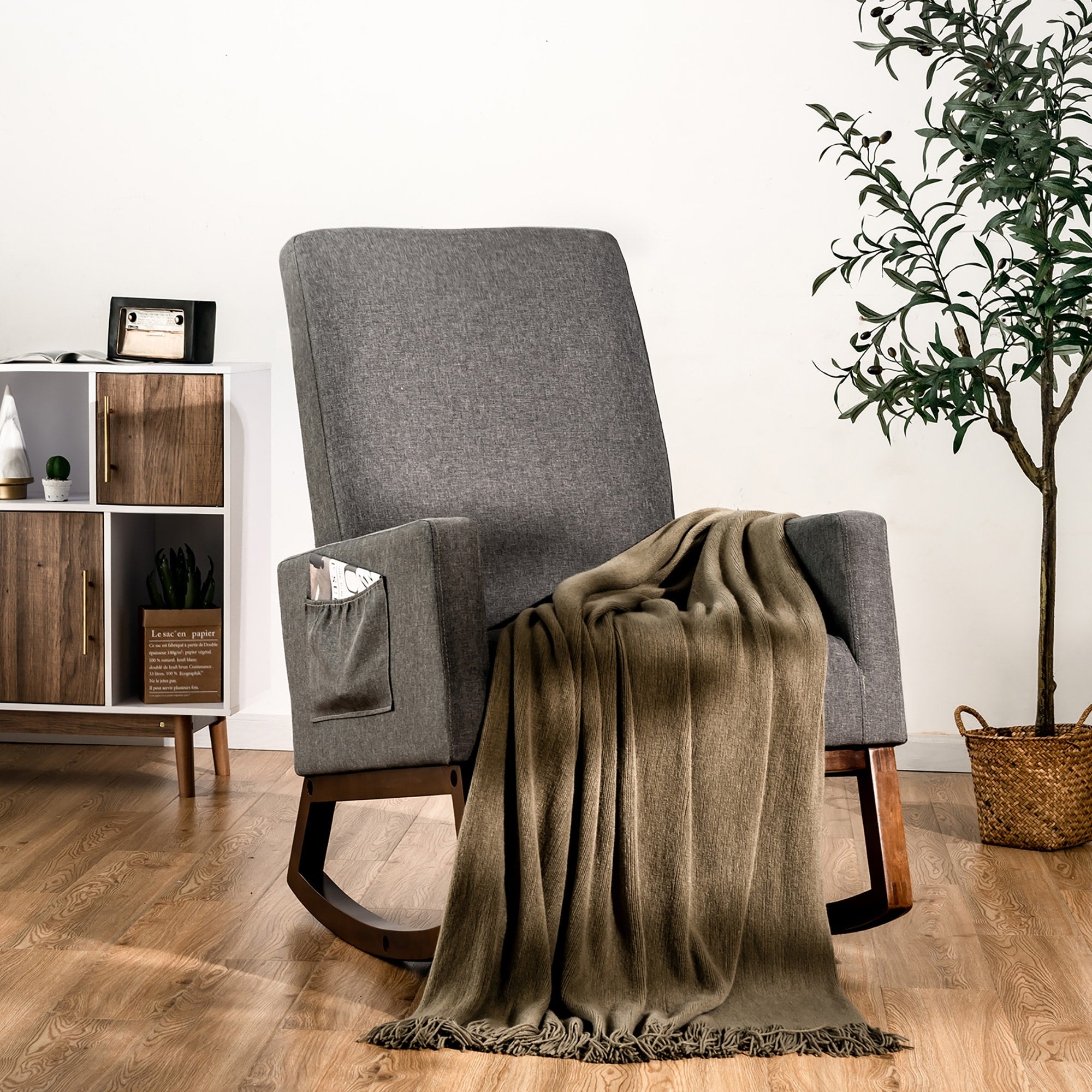 Costway Mid Century Retro Fabric Upholstered Massage Rocking Chair Nursery Armchair Gray