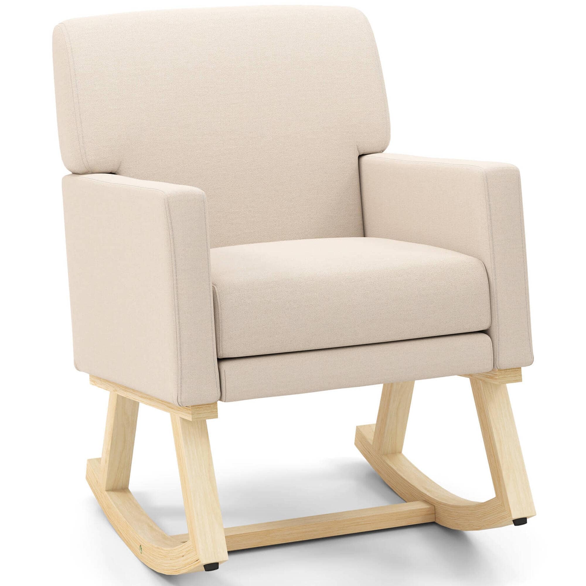 Costway Mid Century Massage Rocking Chair Upholstered Armchair W Lumbar Support Beigegray