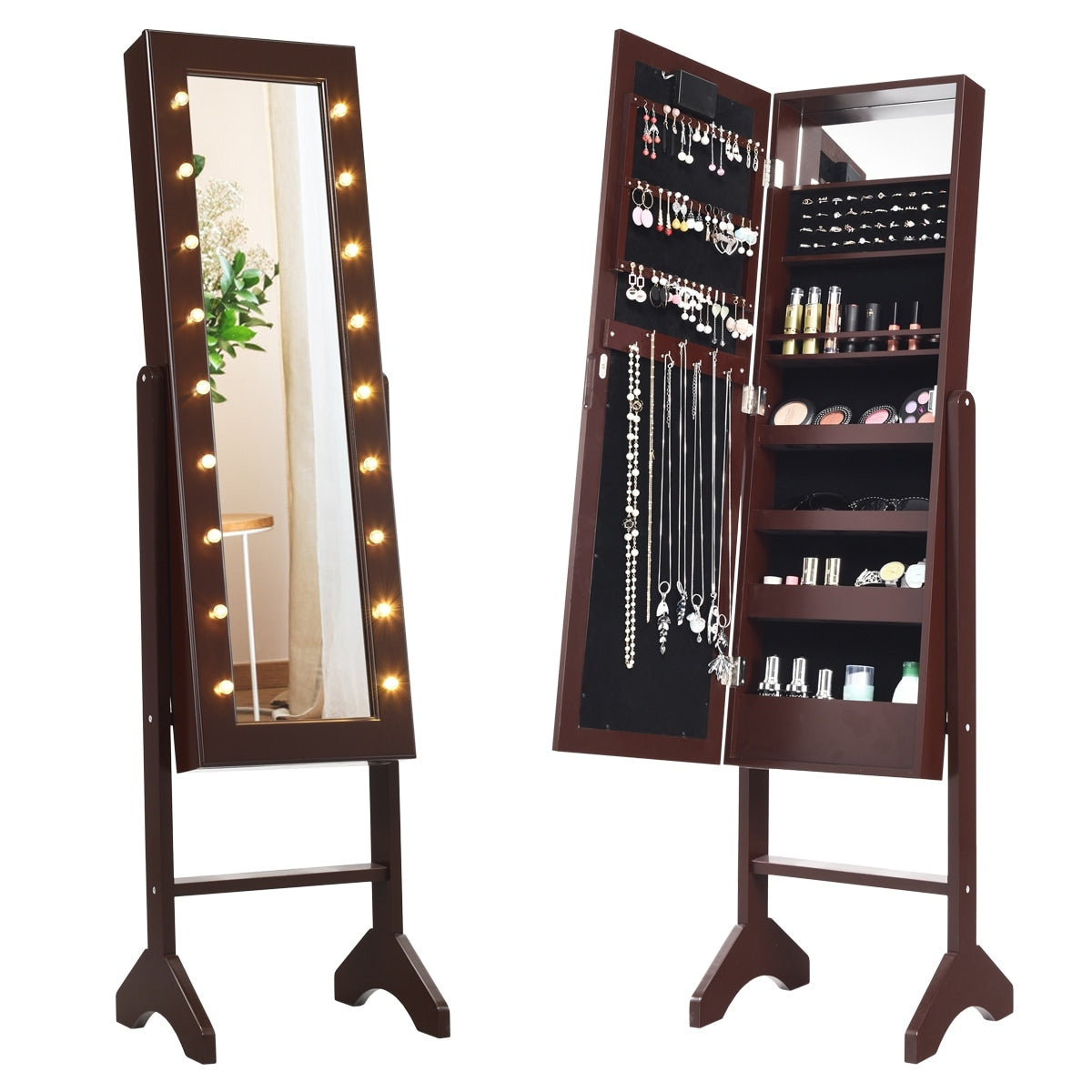 Costway Mirrored Jewelry Cabinet Organizer 18 Led Lights Brown